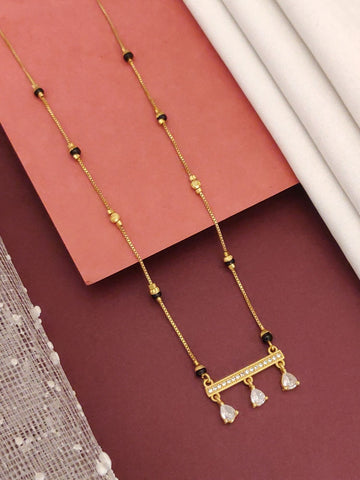 Abdesigns Gold-Plated Mangalsutra with CZ Drops . Gold chain mangalsutra with black beads and three CZ drop pendants