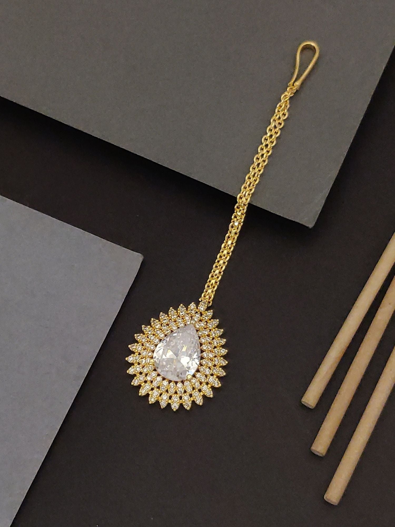 Abdesigns Gold Teardrop CZ Maangtikka. Bridal. Gold teardrop maangtikka with pear CZ center and halo of small CZ stones