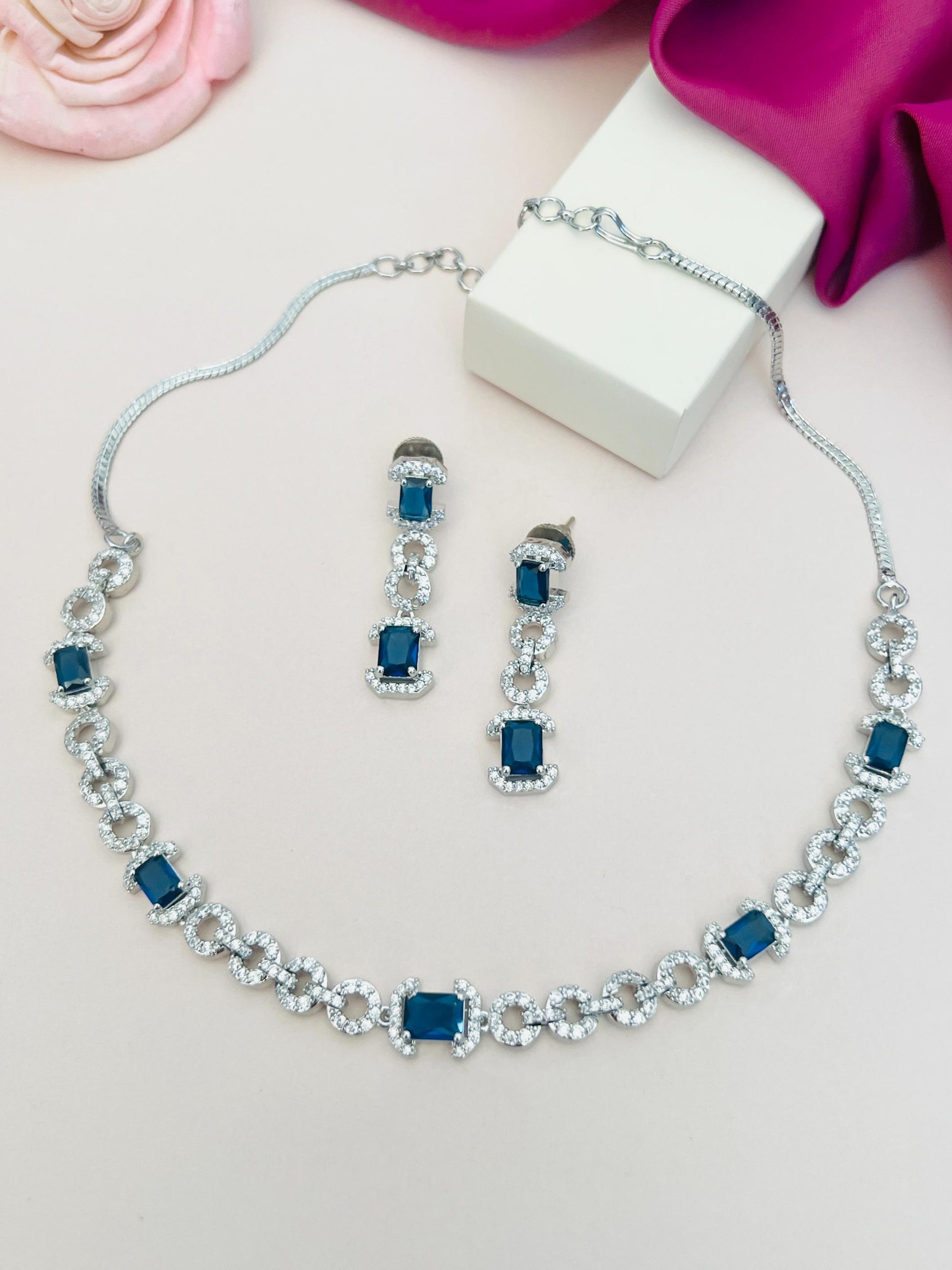 Abdesigns Jewellery Elegant Necklace with Green Gemstones. silver chain with rectangular teal stones and matching drop earrings