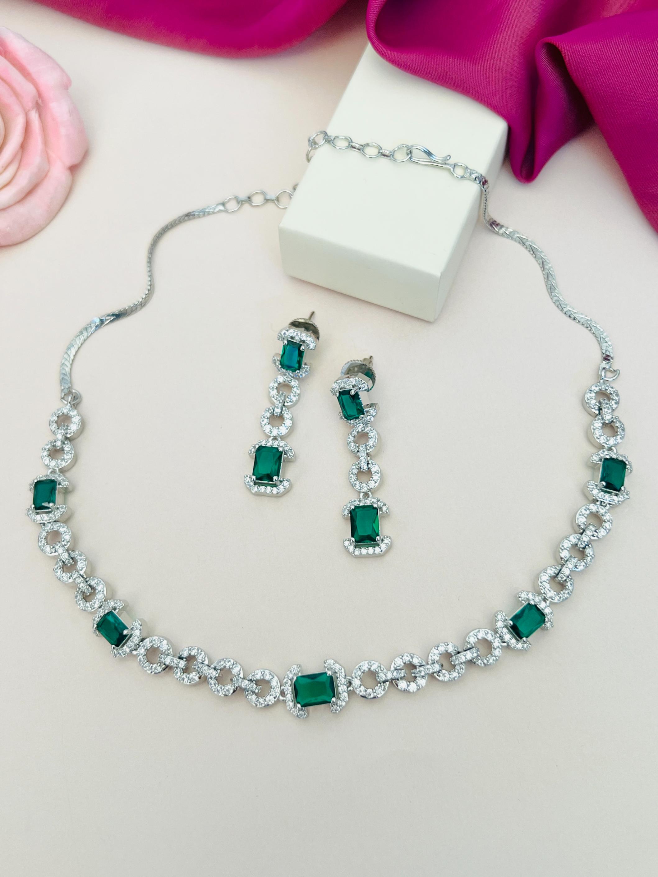 Abdesigns Jewellery Elegant Necklace with Green Gemstones silver necklace and matching drop earrings with emerald cut stones