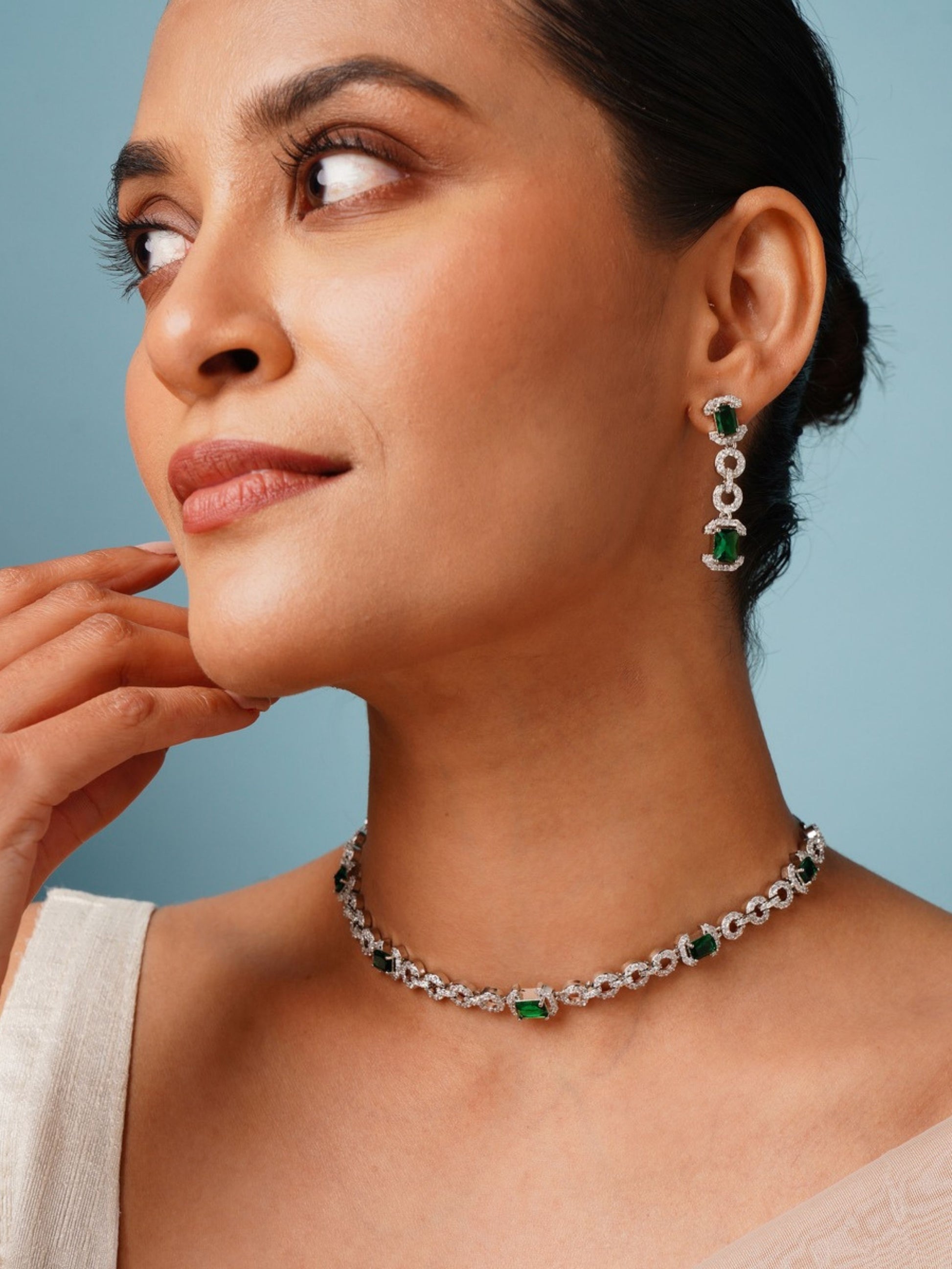 Abdesigns Jewellery Elegant Necklace with Green Gemstones on model wearing matching drop earrings and silver chain