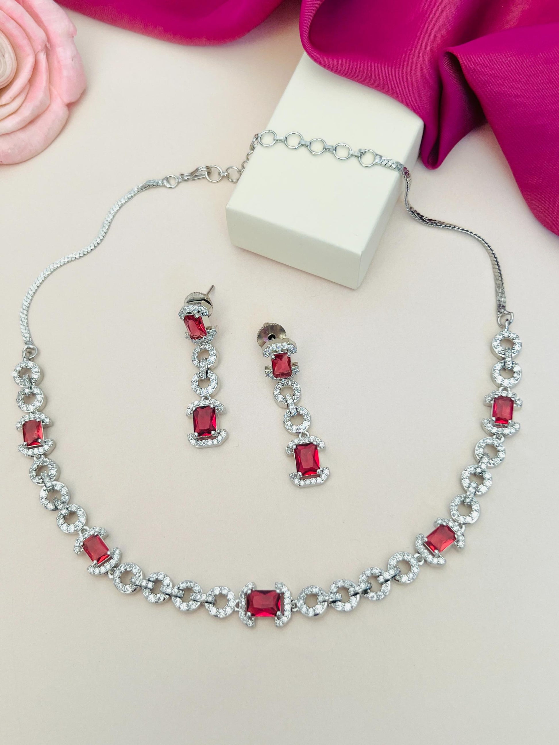 Abdesigns Jewellery Elegant Necklace with Green Gemstones and red crystal necklace with matching drop earrings