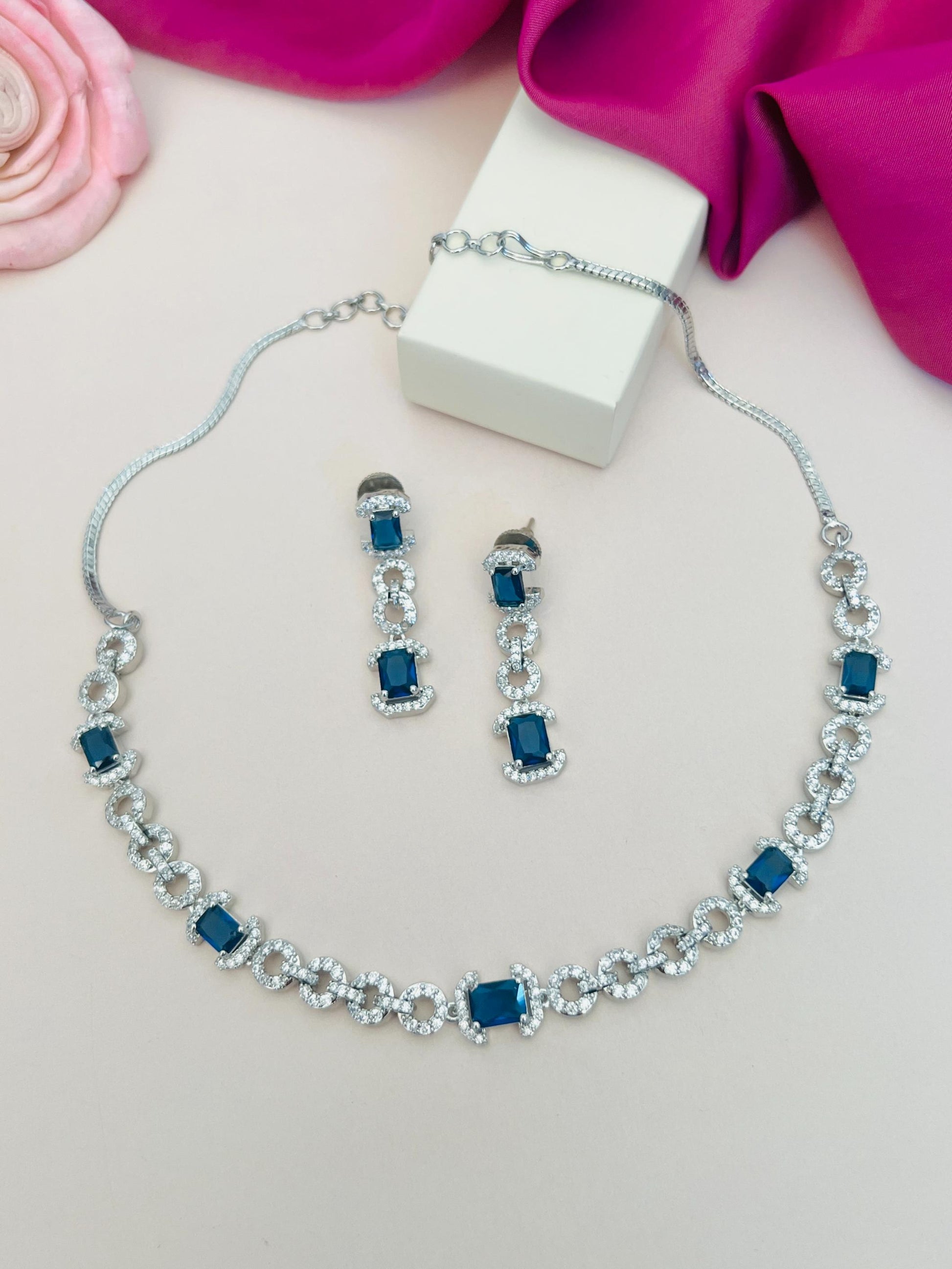 Abdesigns Jewellery Elegant Necklace with Green Gemstones and matching drop earrings in silver with crystals