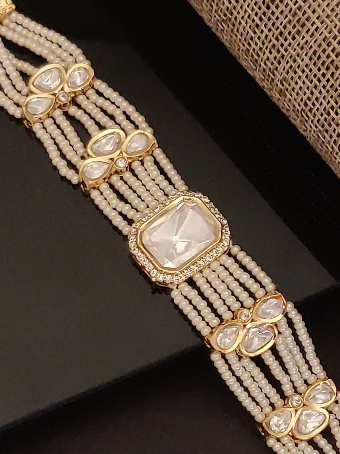 Abdesigns Jewellery Elegant Pearl & Gold Bracelet multi strand pearl bracelet with central crystal and gold accents