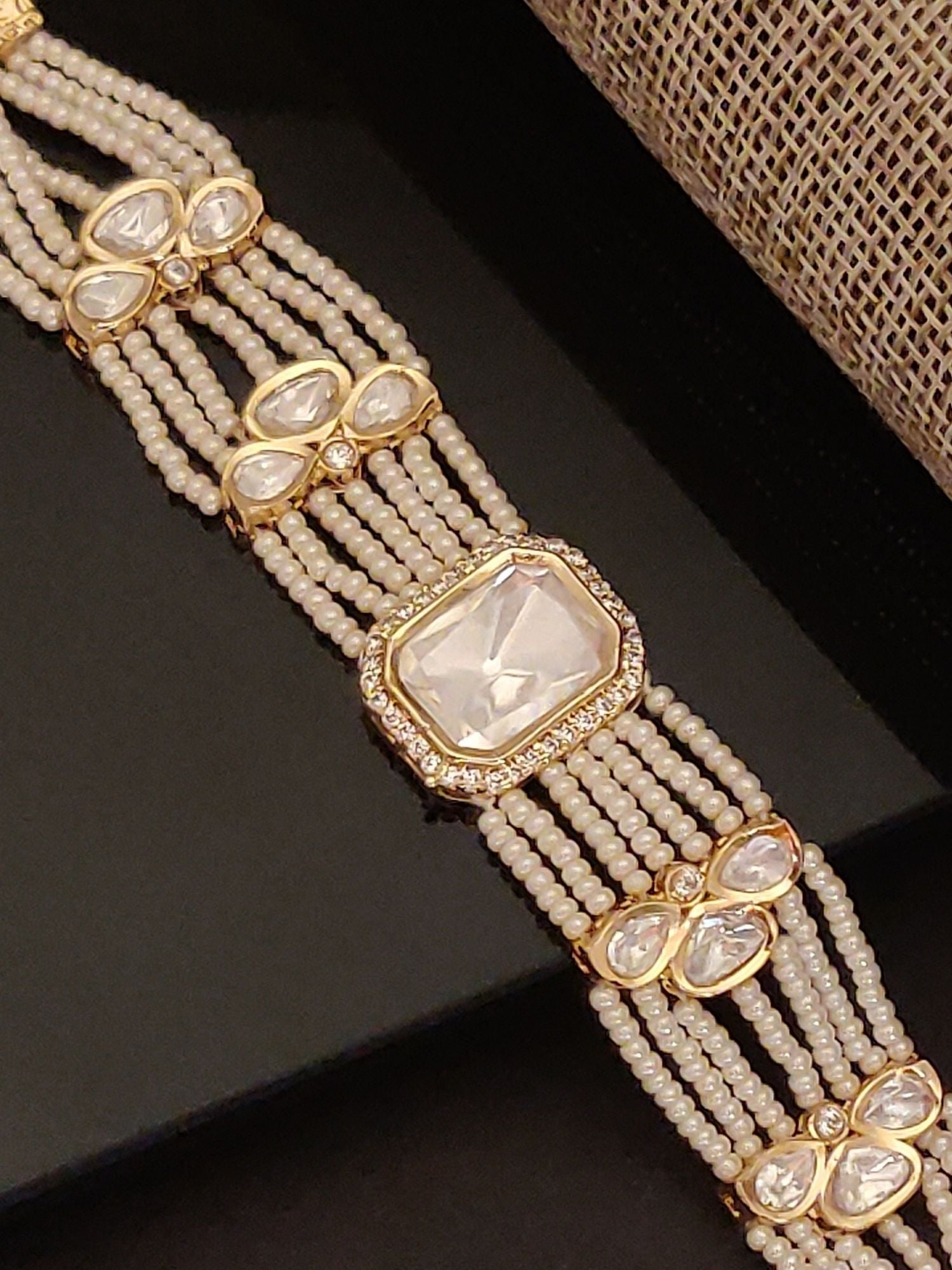 Abdesigns Jewellery Elegant Pearl & Gold Bracelet multi strand pearl bracelet with central faceted crystal and gold bezel accents