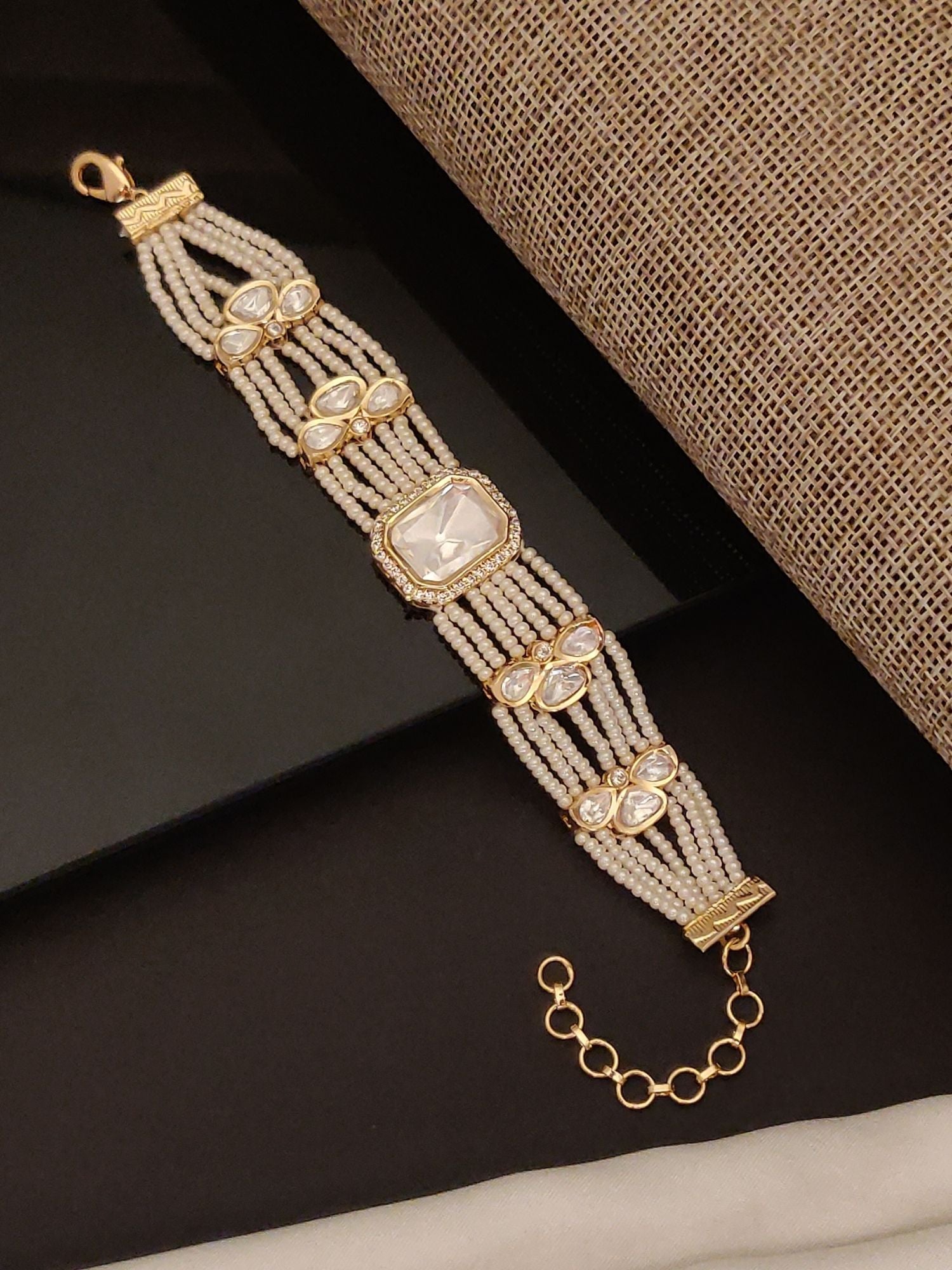 Abdesigns Jewellery Elegant Pearl & Gold Bracelet multi strand seed pearls with central stone and adjustable gold chain