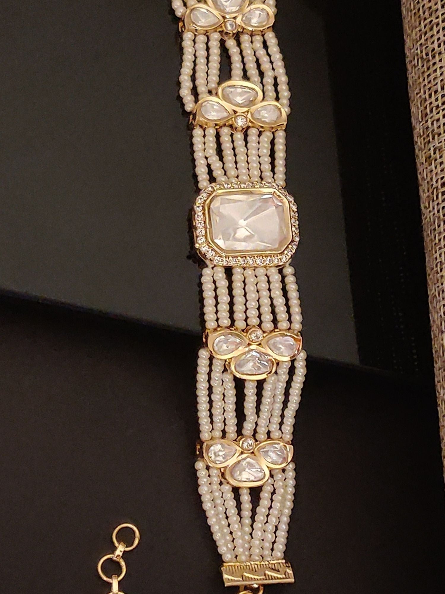 Abdesigns Jewellery Elegant Pearl & Gold Bracelet multi strand pearl bracelet with central rectangular crystal and gold clasp