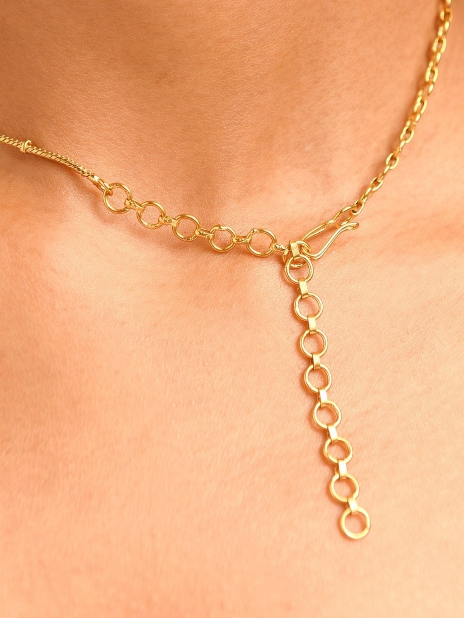 Close up of model wearing Abdesigns Jewellery Elegant Pendents Chain with Multicolor Stones gold ring link drop necklace