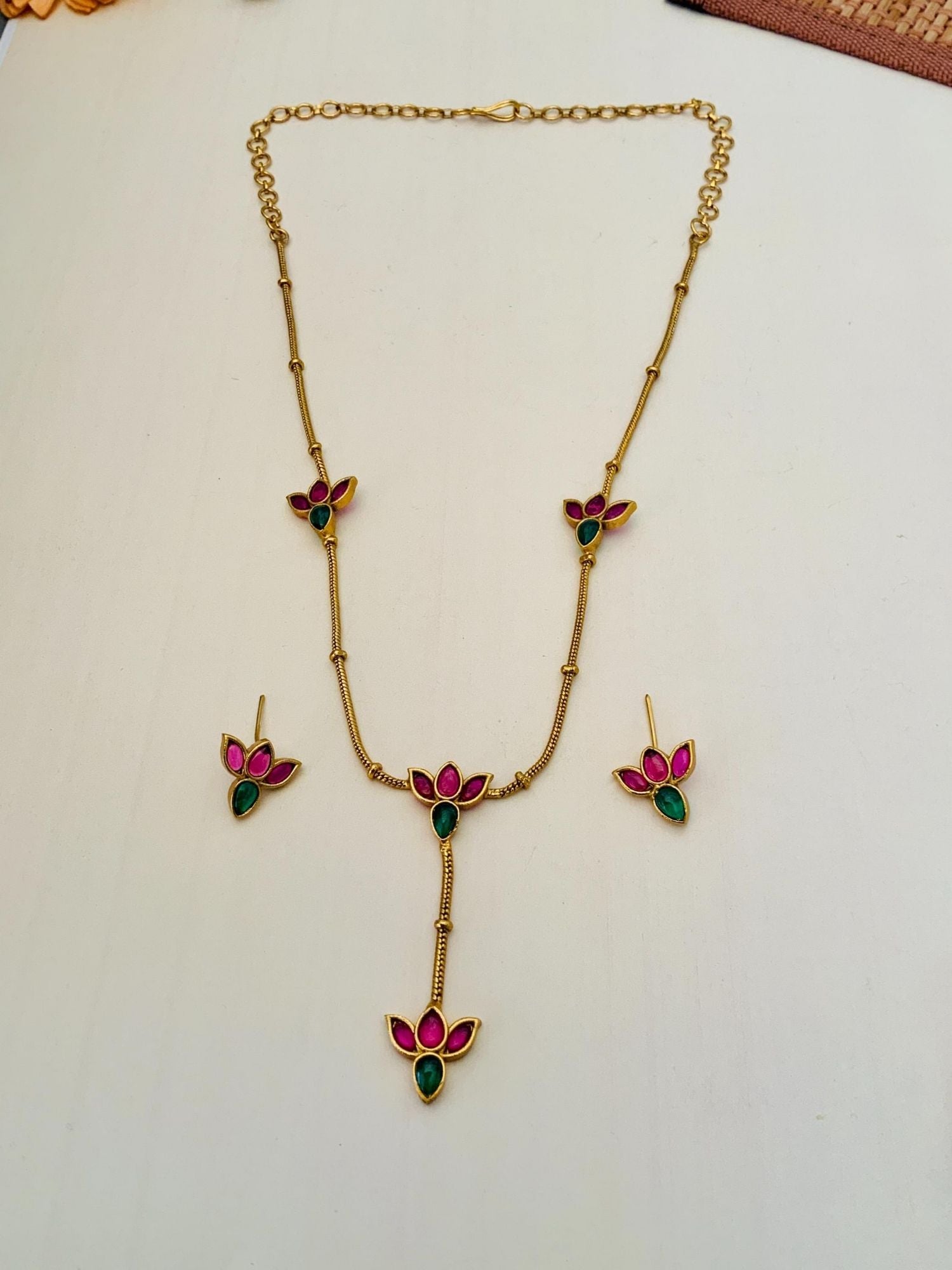 Abdesigns Jewellery Elegant Pendents Chain with Multicolor Stones. Gold floral pendant set with matching earrings