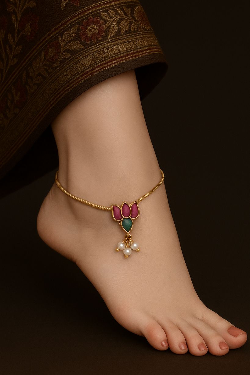 Abdesigns Jewellery Gold Anklets with Lotus Pendants. Delicate gold anklet with pink and green lotus pendant and pearl drops