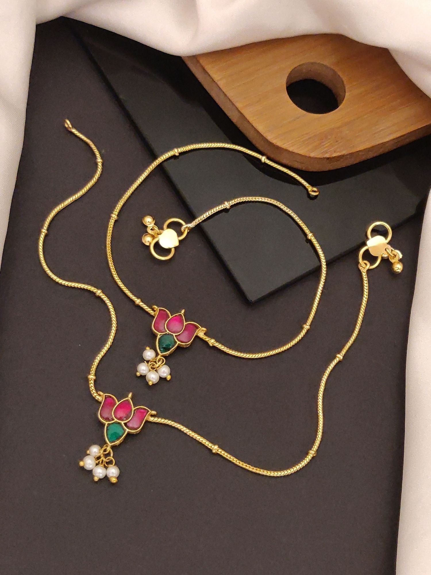 Abdesigns Jewellery Gold Anklets with Lotus Pendants pink green enamel and pearl drops on gold chains