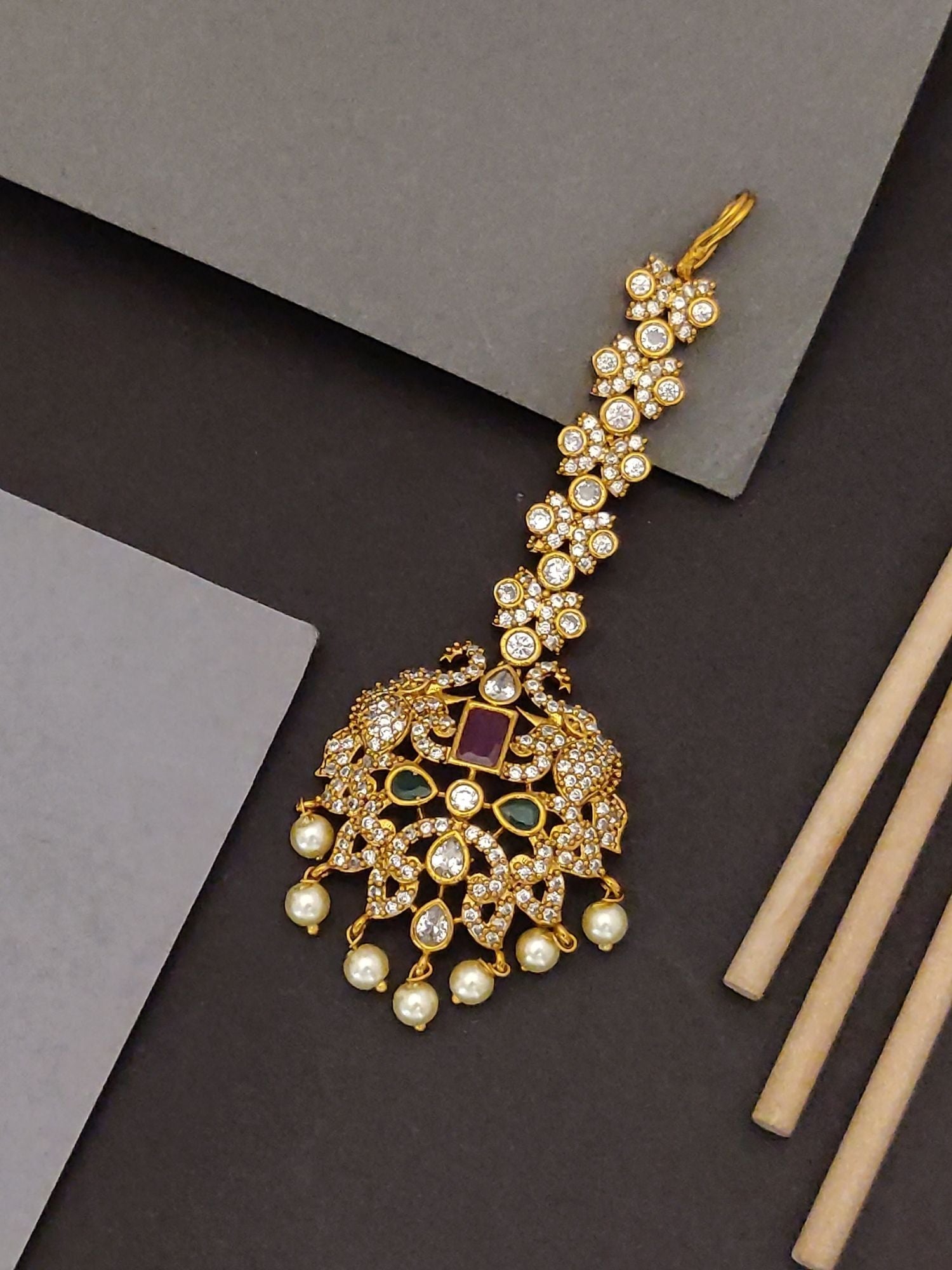 Abdesigns Jewellery Gold Kundan Maangtikka with Pearls.. gold kundan maangtikka with red green stones and pearl drops