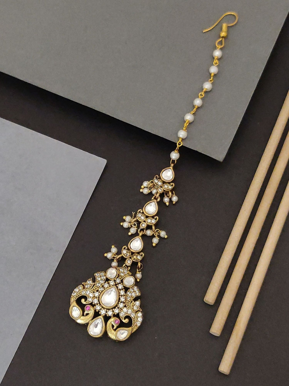 Abdesigns Jewellery Gold-Plated Kundan Pearl Maangtikka.. gold maangtikka with pearl chain and kundan teardrop pendant