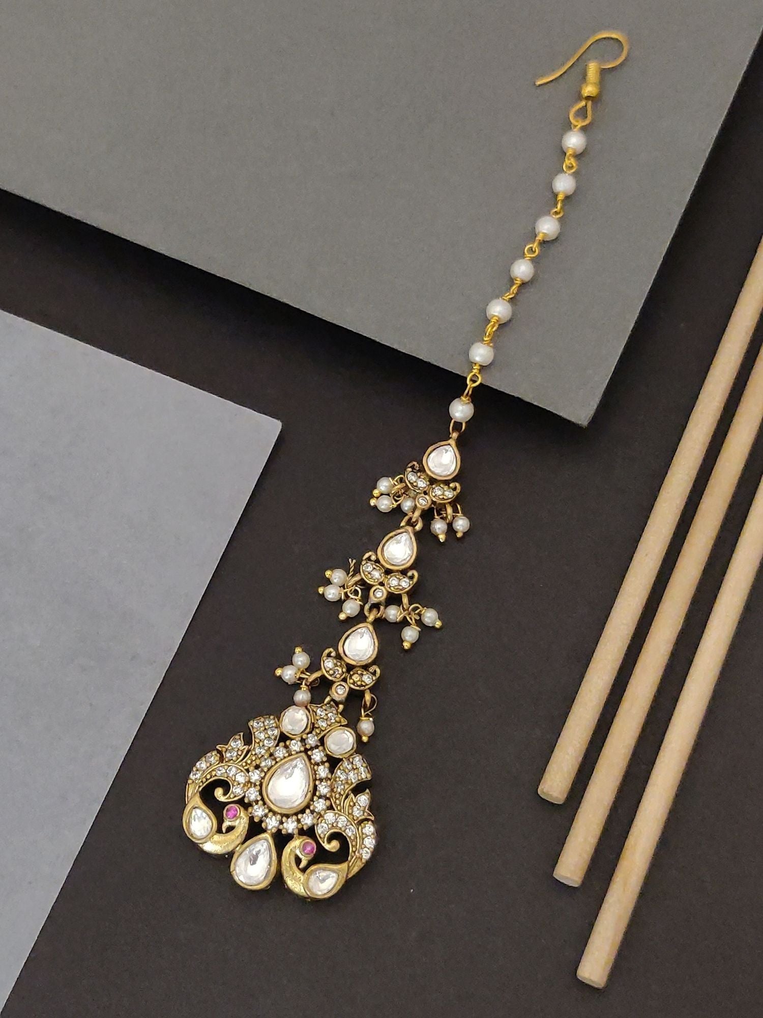 Abdesigns Jewellery Gold-Plated Kundan Pearl Maangtikka.. teardrop pendant with kundan stones and pearl chain