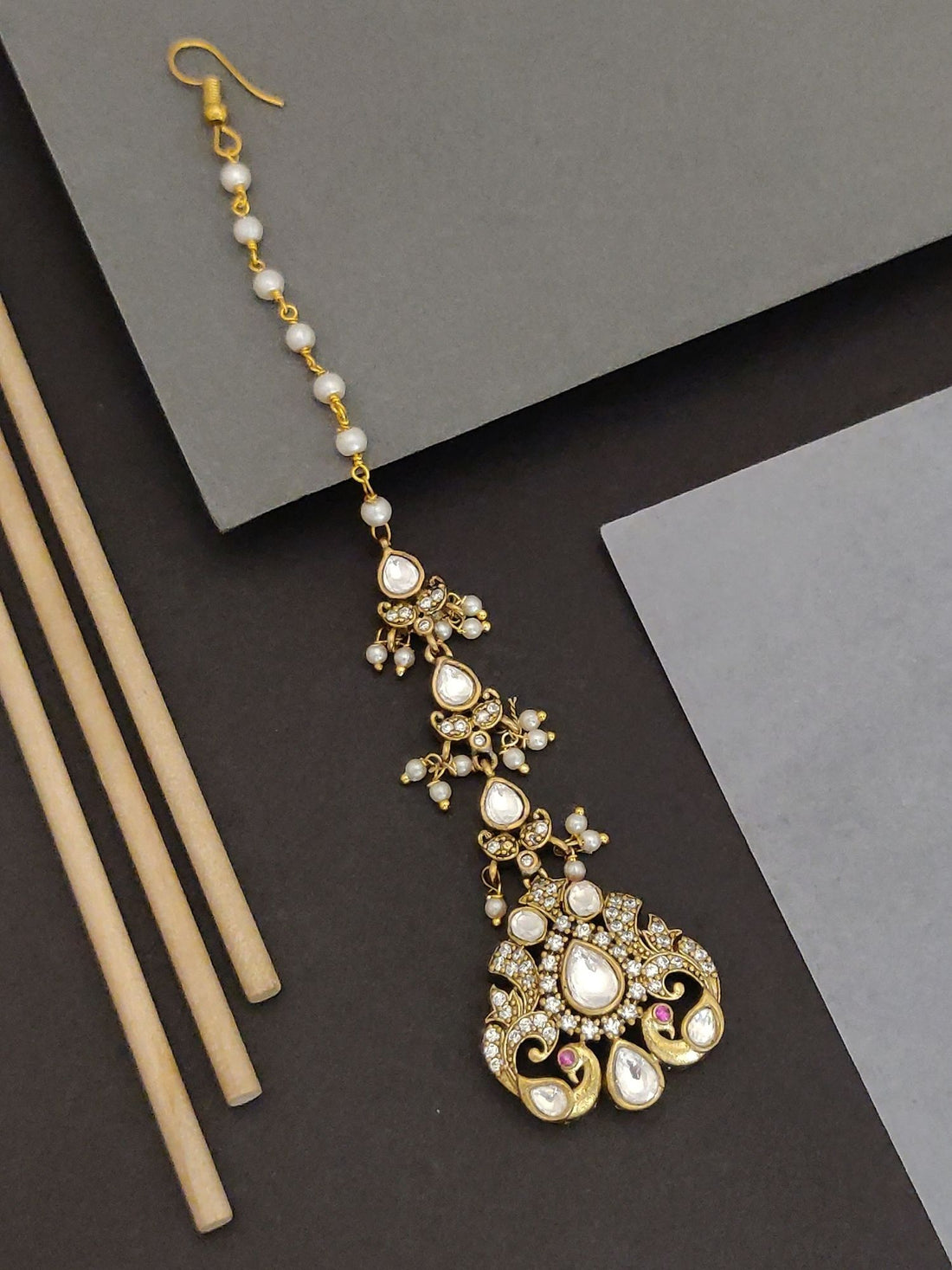 Abdesigns Jewellery Gold-Plated Kundan Pearl Maangtikka.. gold maangtikka with pearl chain and kundan teardrop pendant