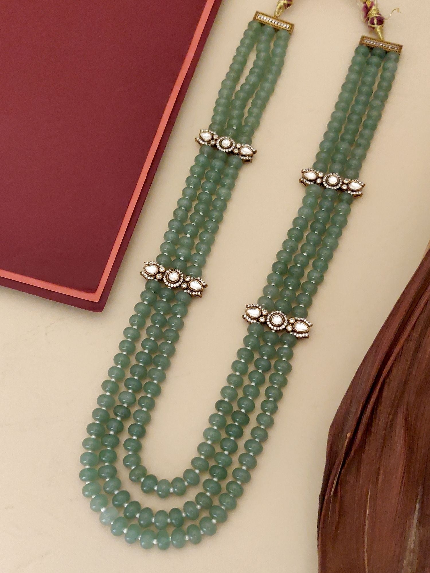 Abdesigns Jewellery Green Beaded Necklace with White Polki three strand green beaded necklace with polki accents