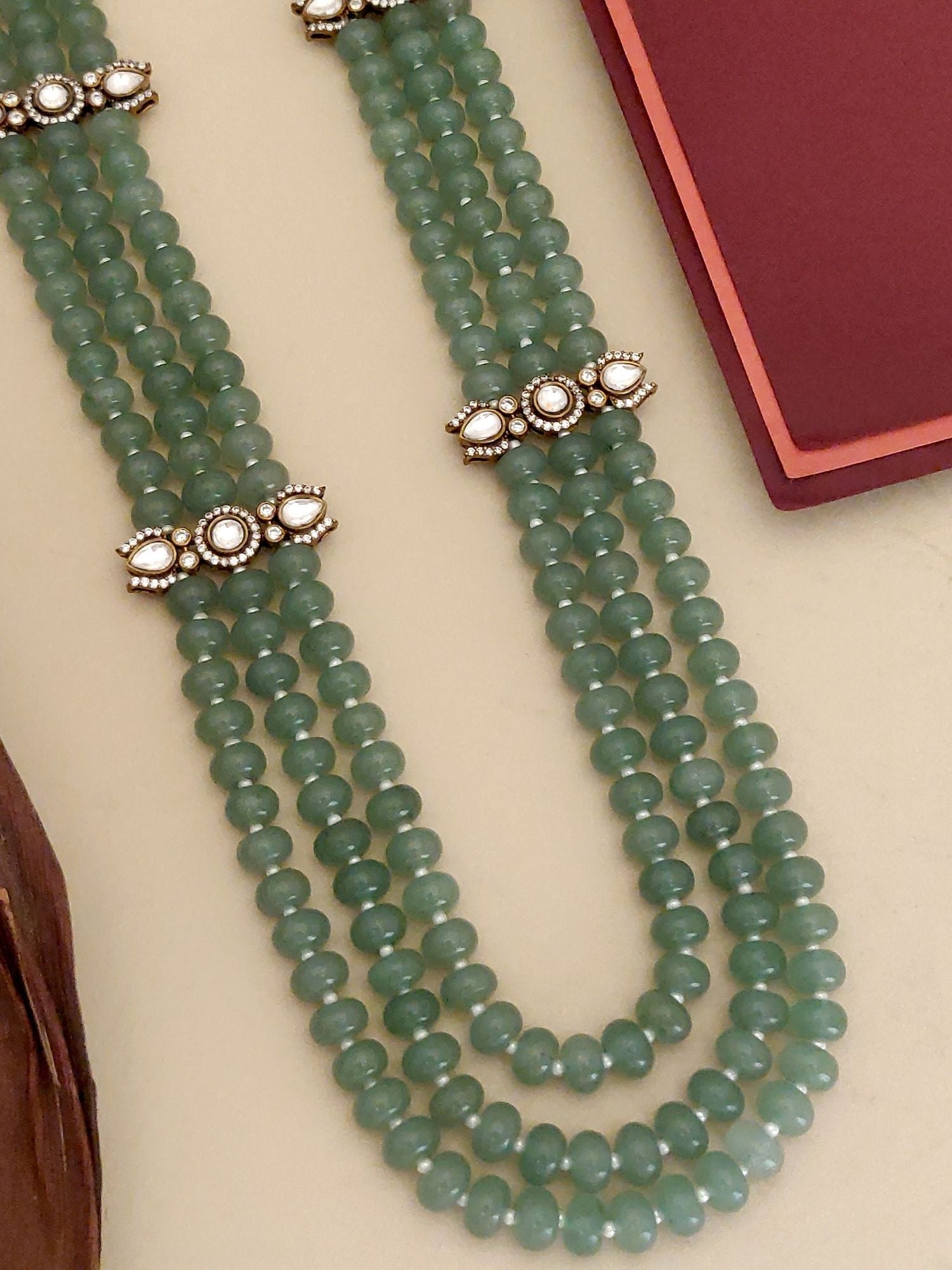 Abdesigns Jewellery Green Beaded Necklace with White Polki. Three strand green beads with white polki accents for ethnic outfits