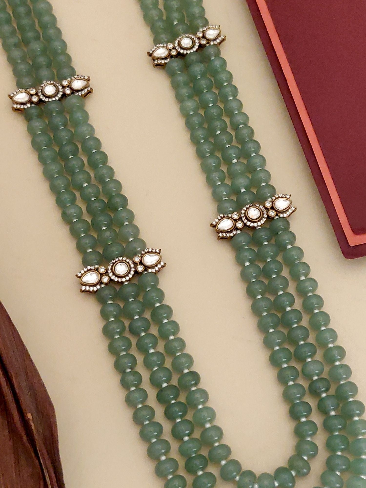 Abdesigns Jewellery Green Beaded Necklace with White Polki. Multi strand green beads with polki accents