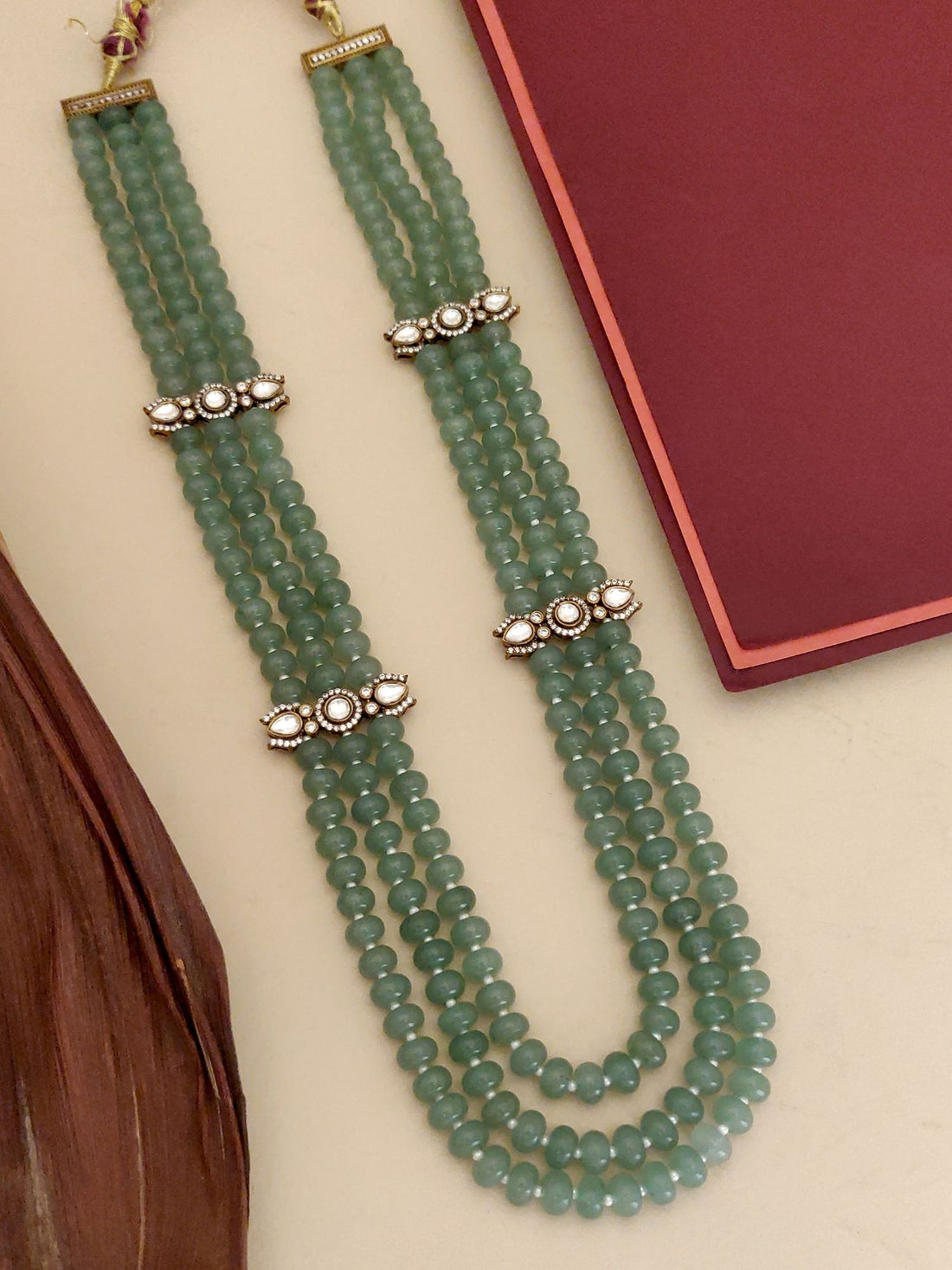 Abdesigns Jewellery Green Beaded Necklace with White Polki. Multi strand green beads with white polki clusters and gold accents