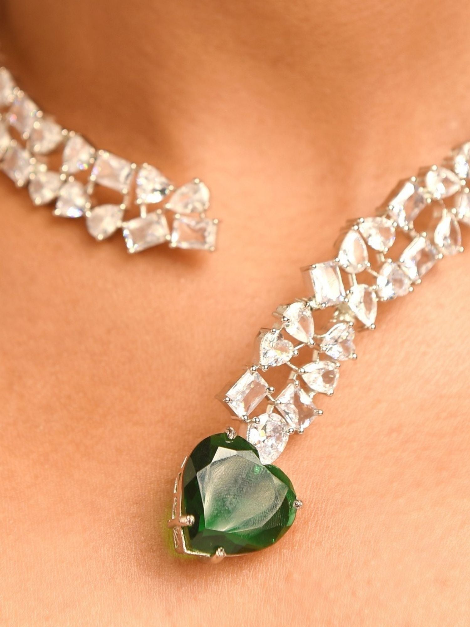 Abdesignsjewellery green heart pendant necklace with faceted heart gemstone and crystal collar on model