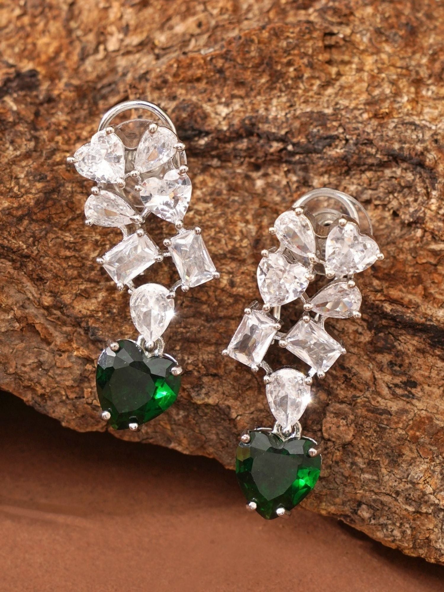 Abdesignsjewellery green heart pendant necklace shown as matching drop earrings with green heart stones and clear crystals