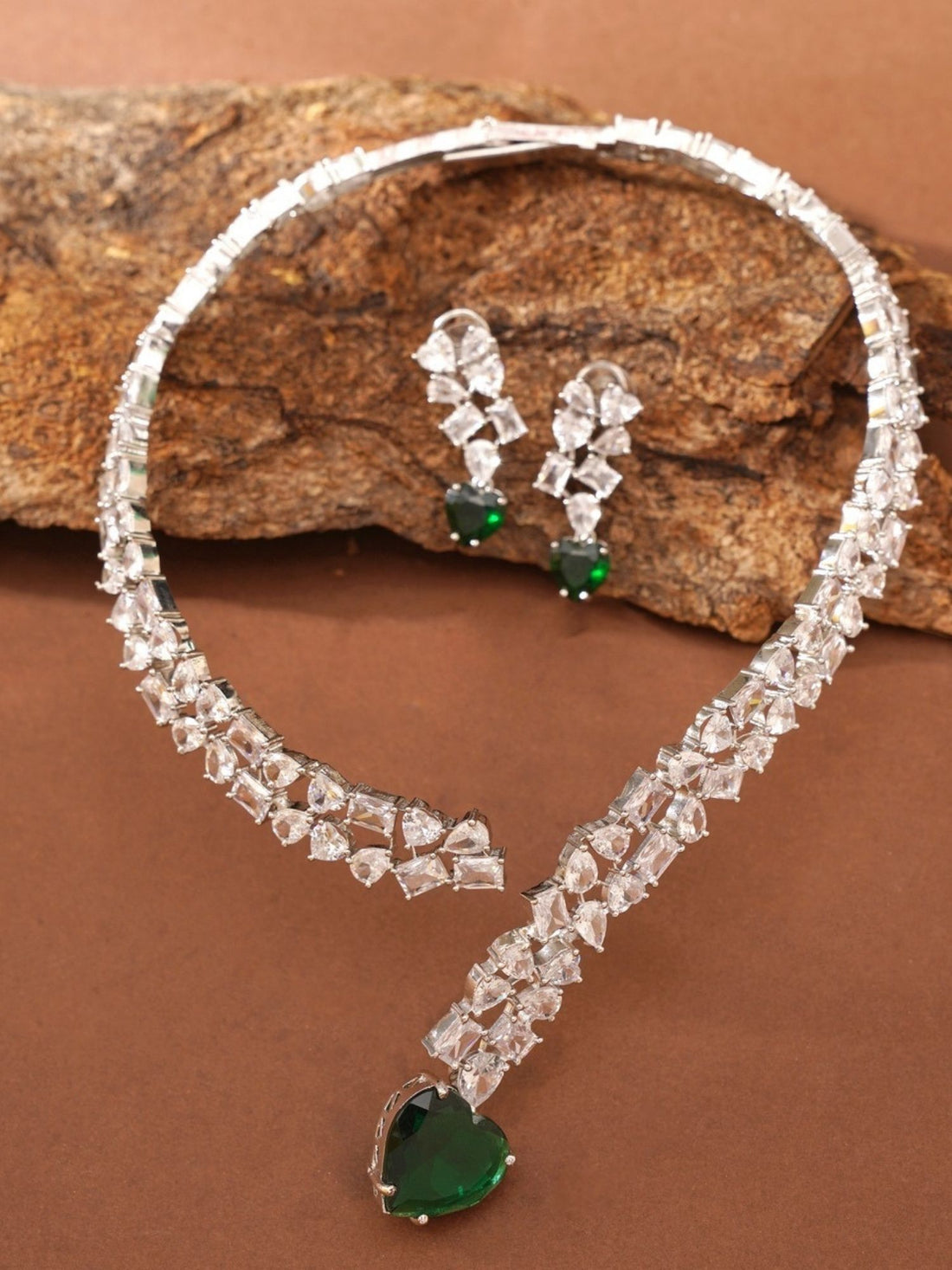 Abdesignsjewellery green heart pendant necklace with crystal chain worn by model with matching earring