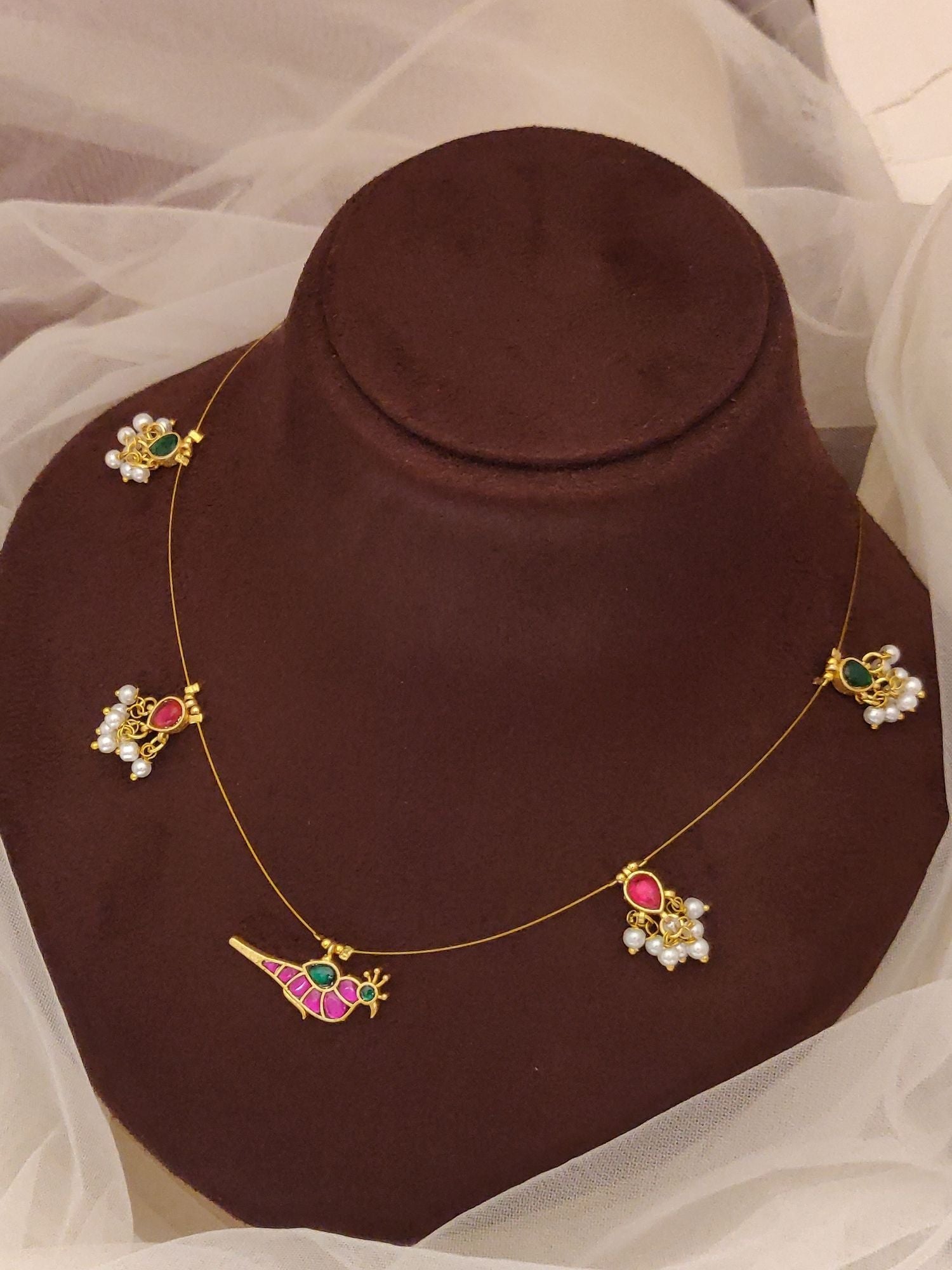 Abdesigns Jewellery Pendant Chain with Colorful Stones delicate gold chain with five floral and bird pendants and pearls