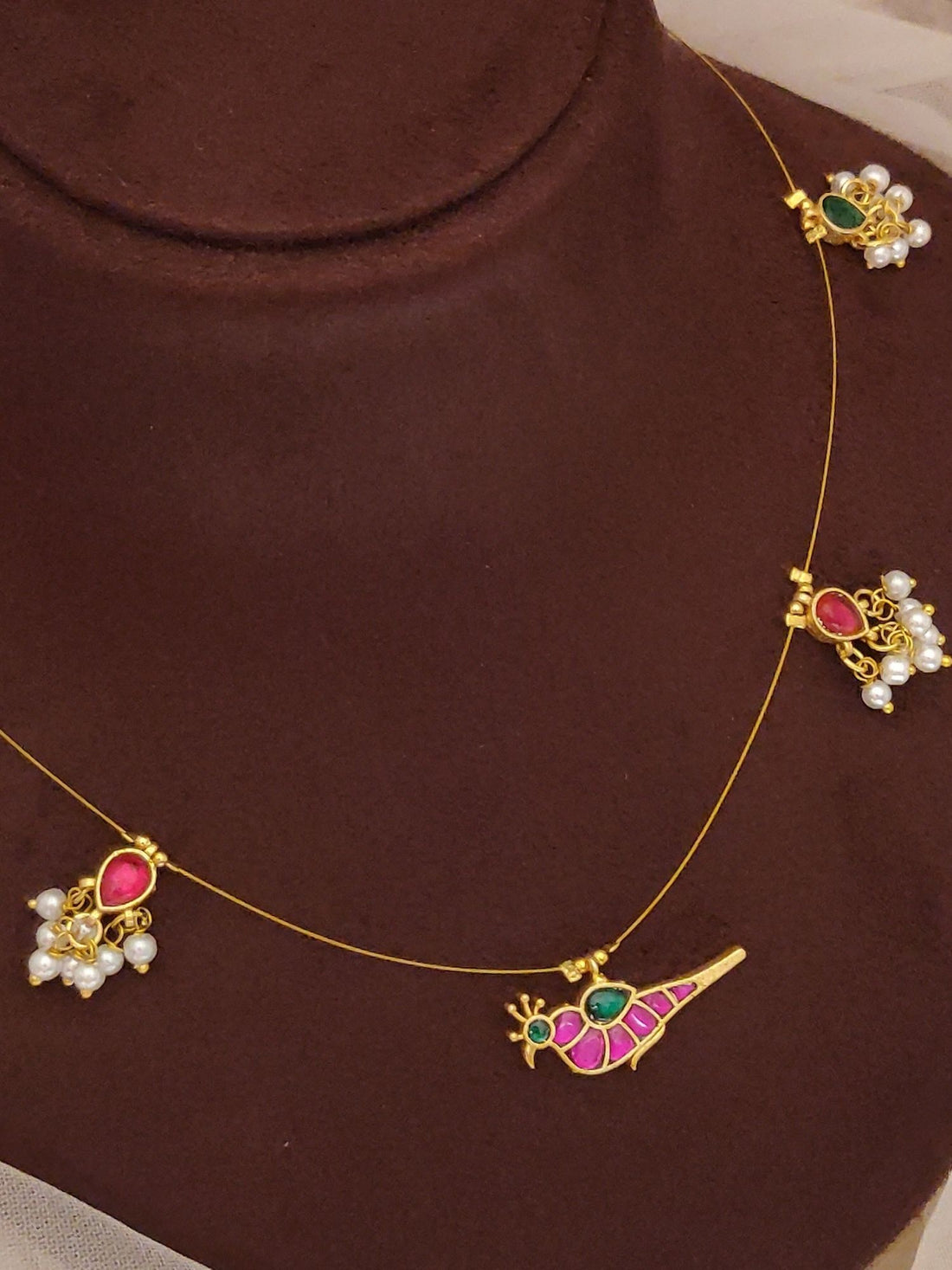 Abdesigns Jewellery Pendant Chain with Colorful Stones delicate gold chain with five floral and bird pendants and pearls