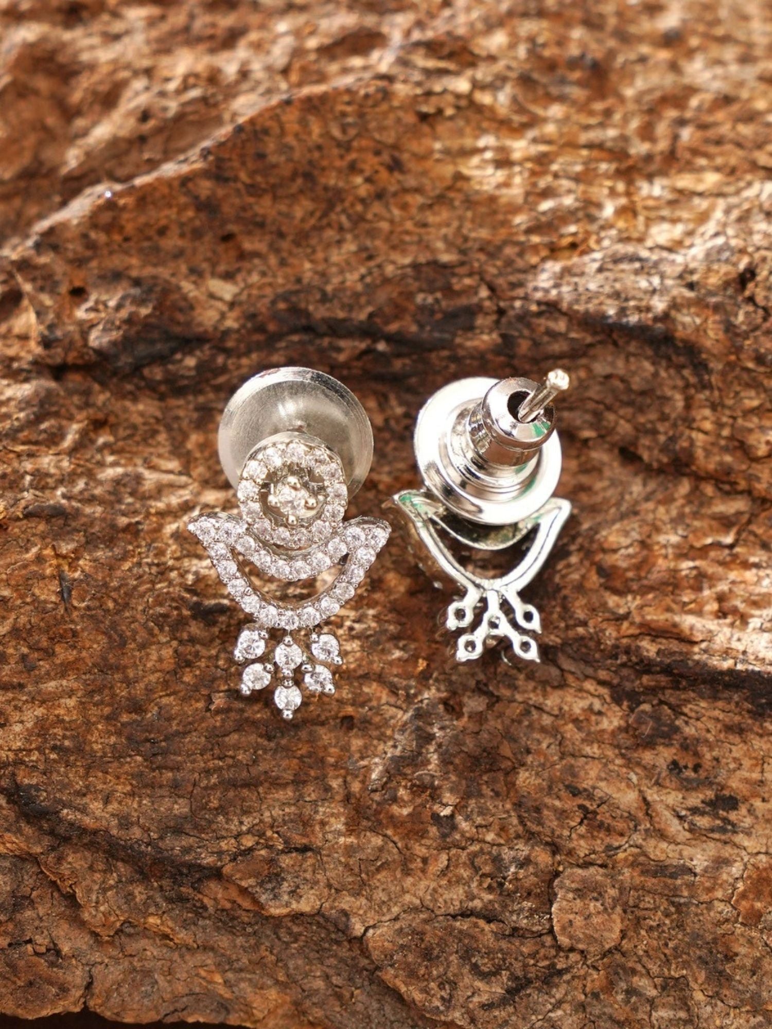 Abdesigns Jewellery Silver Plated American Diamond Mangalsutra With Earrings silver stud earrings on wood