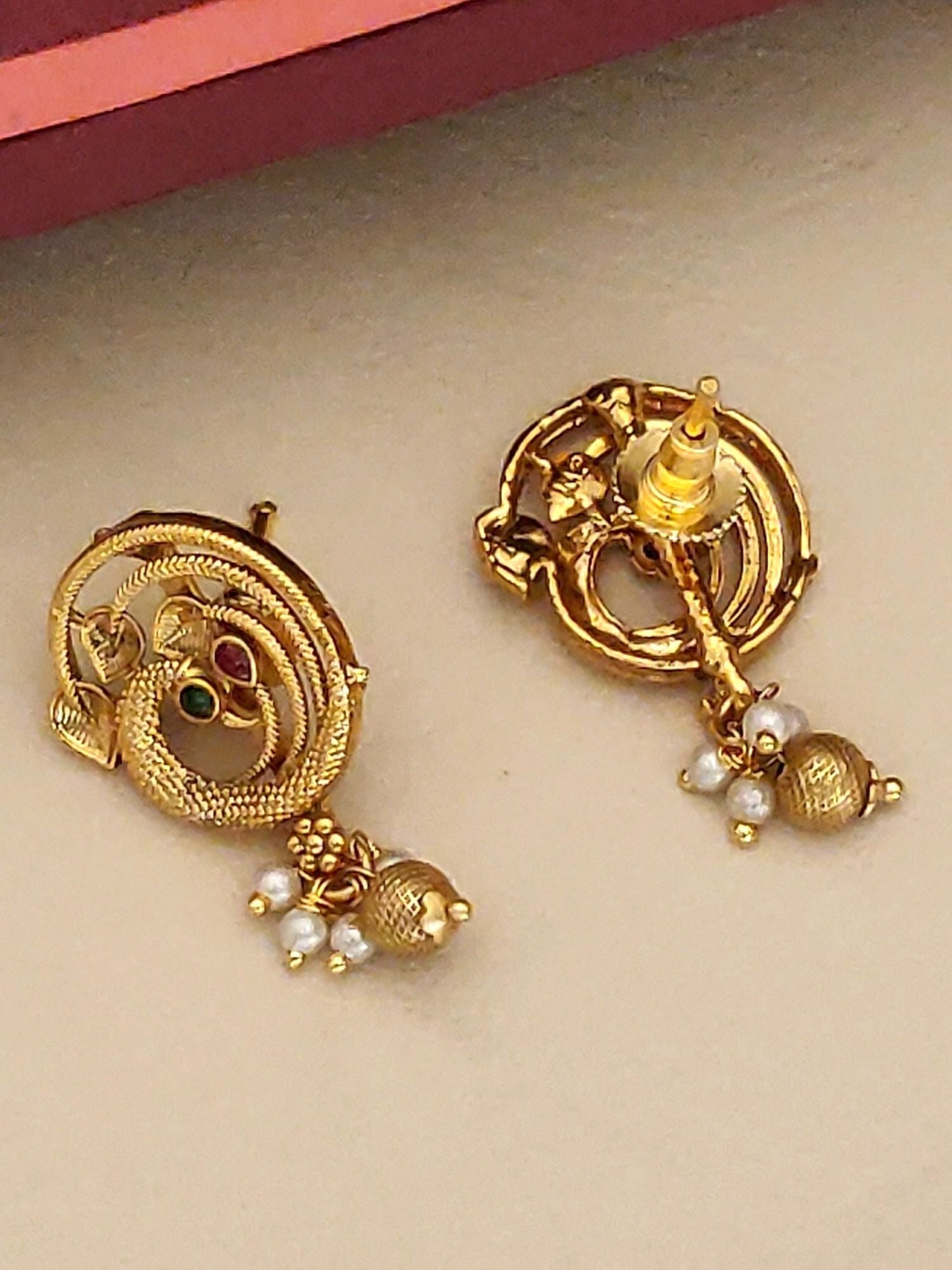 Abdesigns jewellery South Indian Antique Peacock Necklace Set earrings gold peacock studs with pearl drops and red green stones