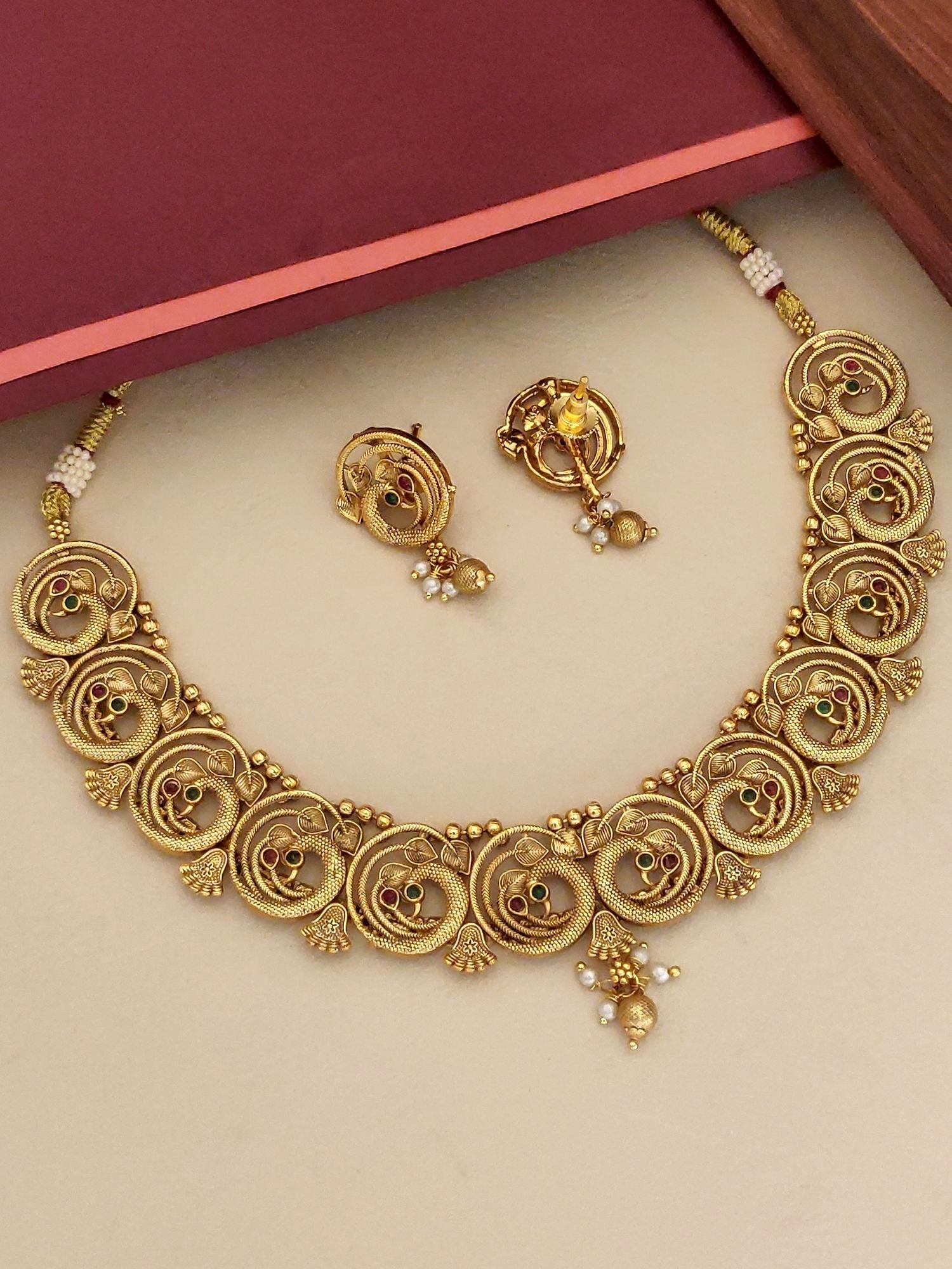 Abdesigns jewellery South Indian Antique Peacock Necklace Set gold tone temple style with matching earrings and pearl drops