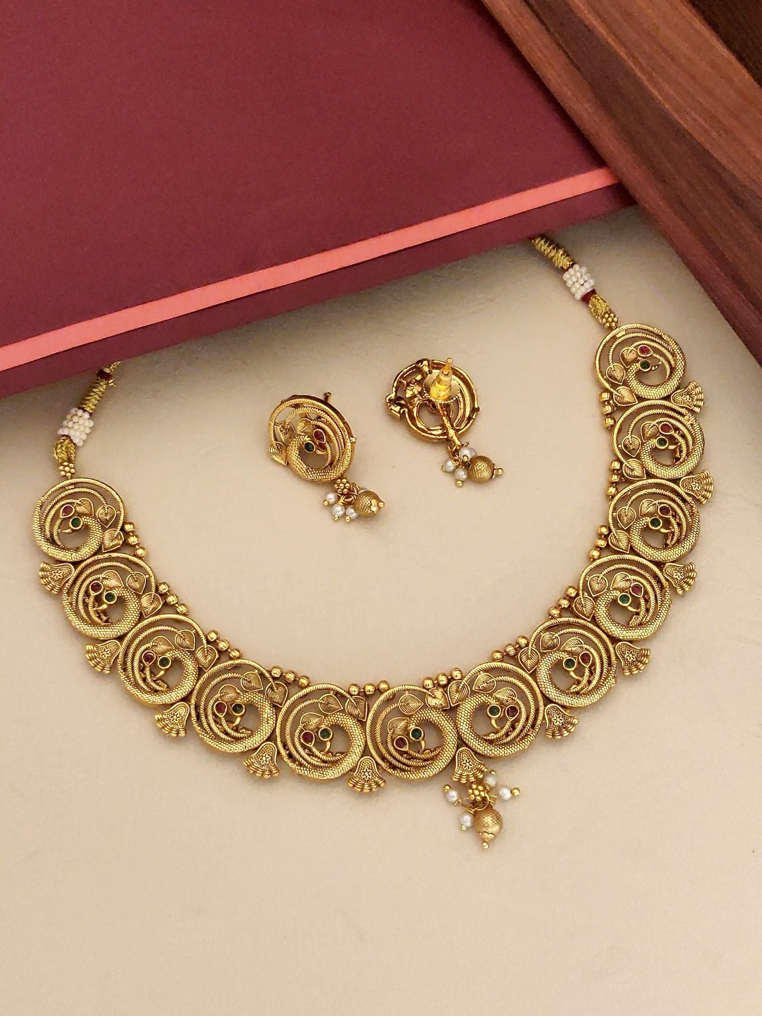 Abdesigns jewellery South Indian Antique Peacock Necklace Set gold tone antique finish with matching earrings