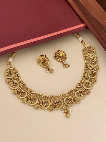 Abdesigns jewellery South Indian Antique Peacock Necklace Set gold tone antique finish with matching earrings