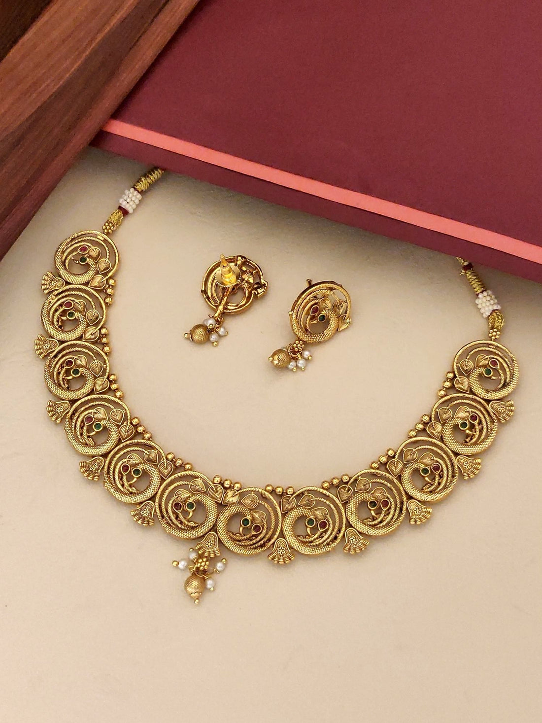 Abdesigns jewellery South Indian Antique Peacock Necklace Set gold tone antique finish with matching earrings