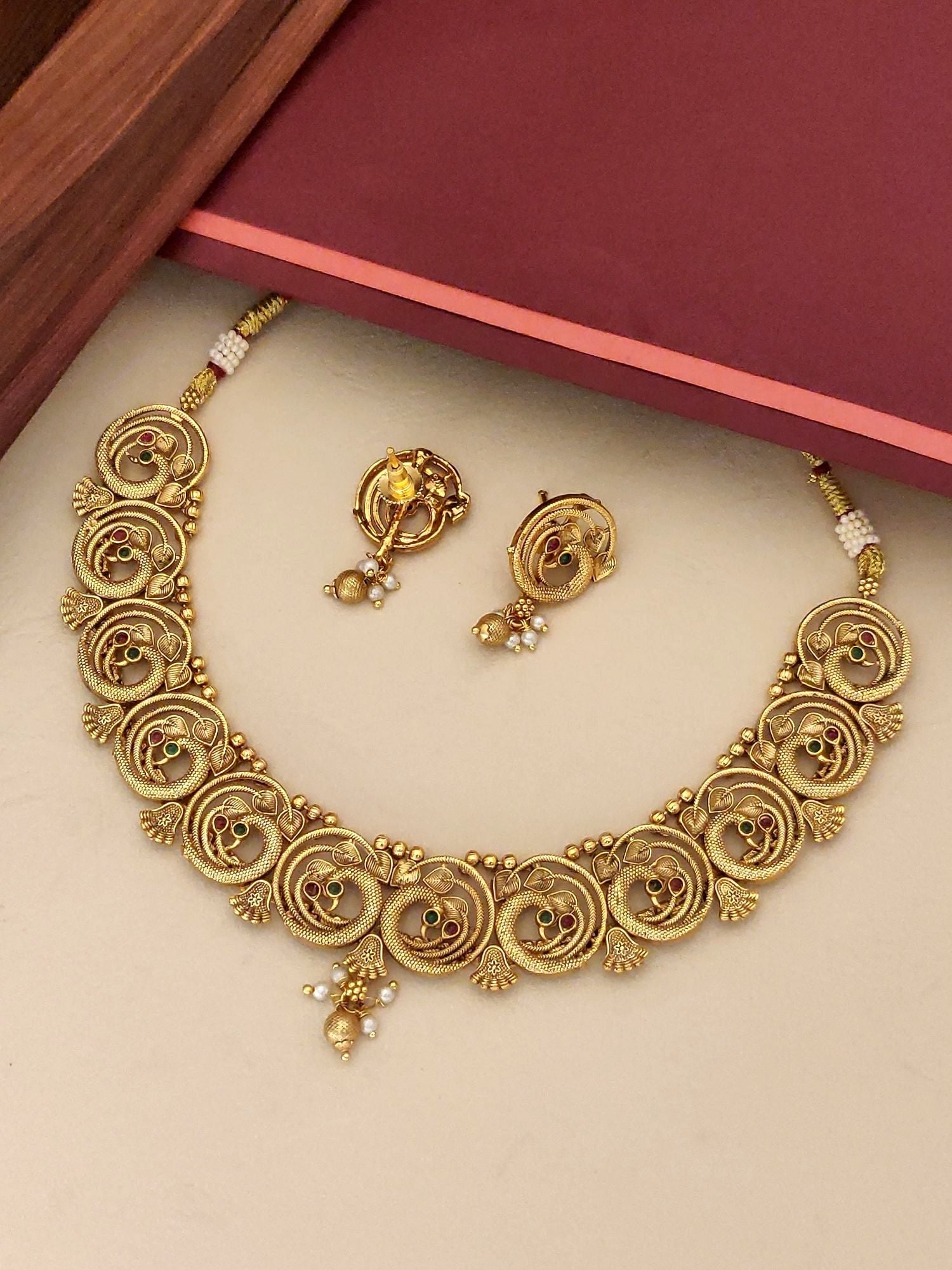 Abdesigns jewellery South Indian Antique Peacock Necklace Set gold temple necklace with matching earrings and pearl drops