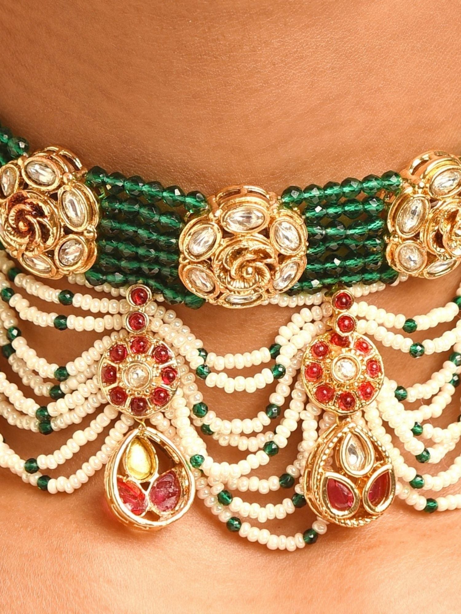Abdesigns Jewellery Traditional Green Beaded Necklace gold kundan choker with white pearl strands and red green stone danglers