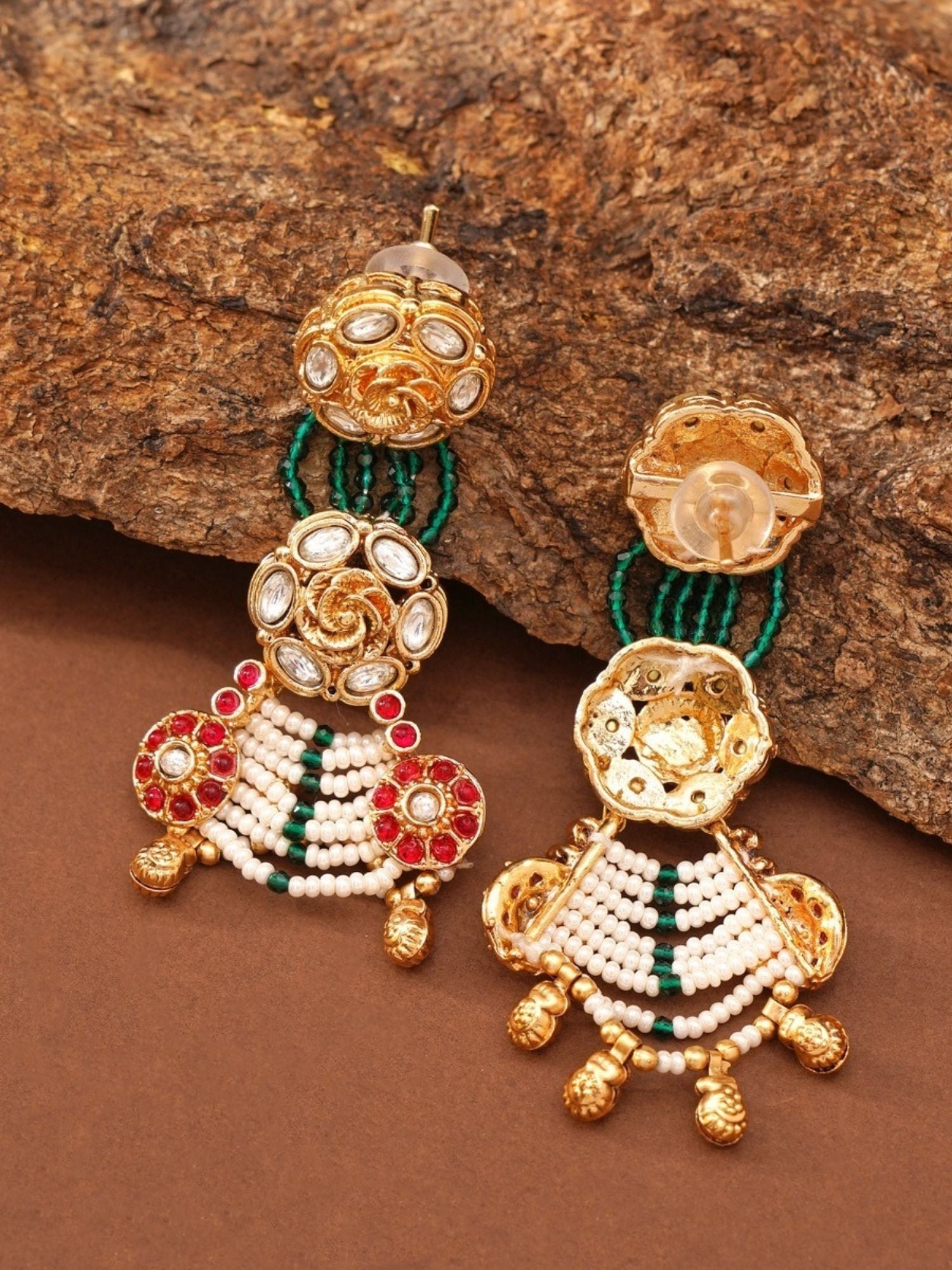 Gold and pearl dangler earrings with green bead strands and red accents Abdesigns Jewellery Traditional Green Beaded Necklace