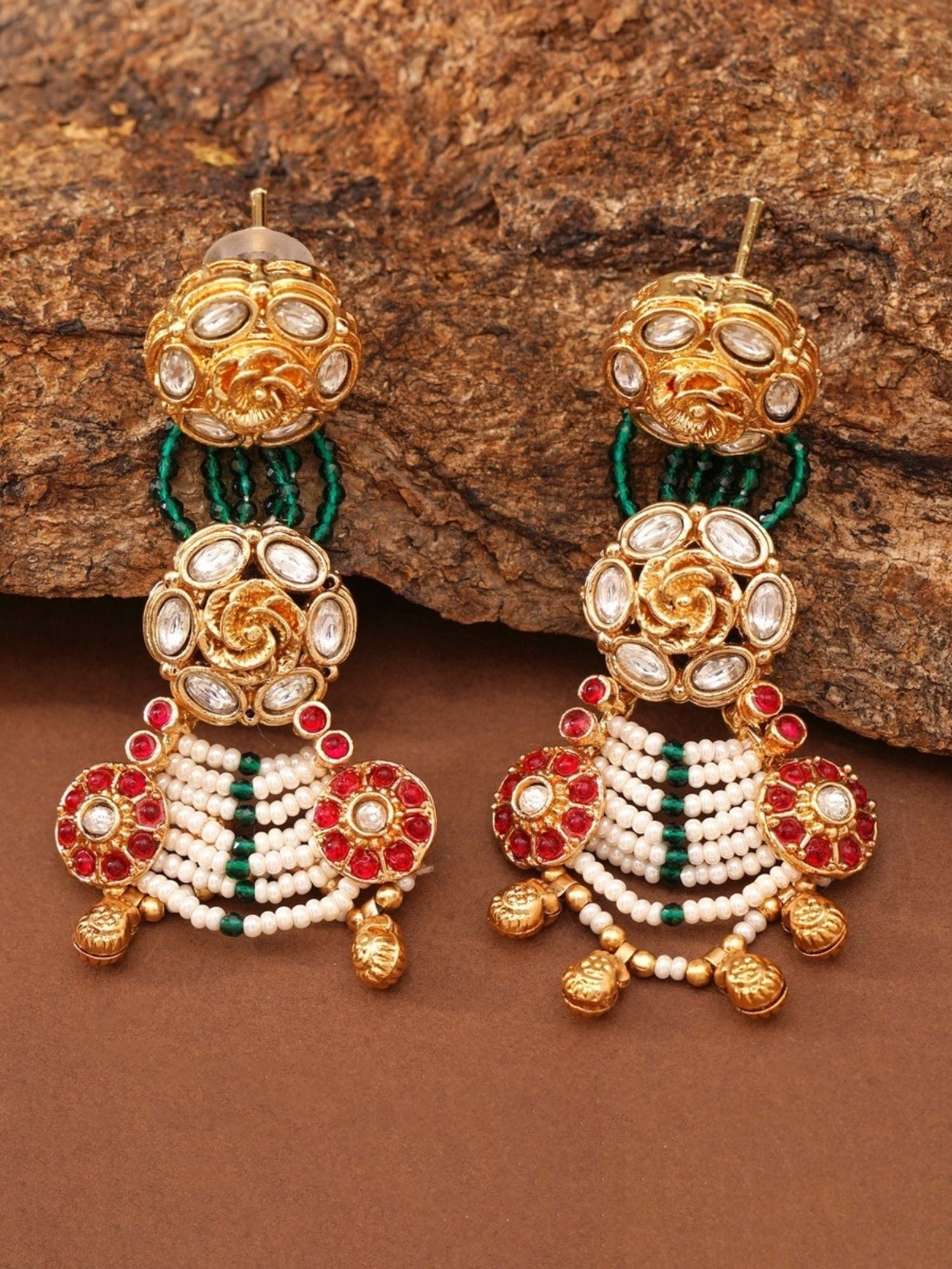 Abdesigns Jewellery Traditional Green Beaded Necklace product image showing gold kundan earrings with pearls and red beads