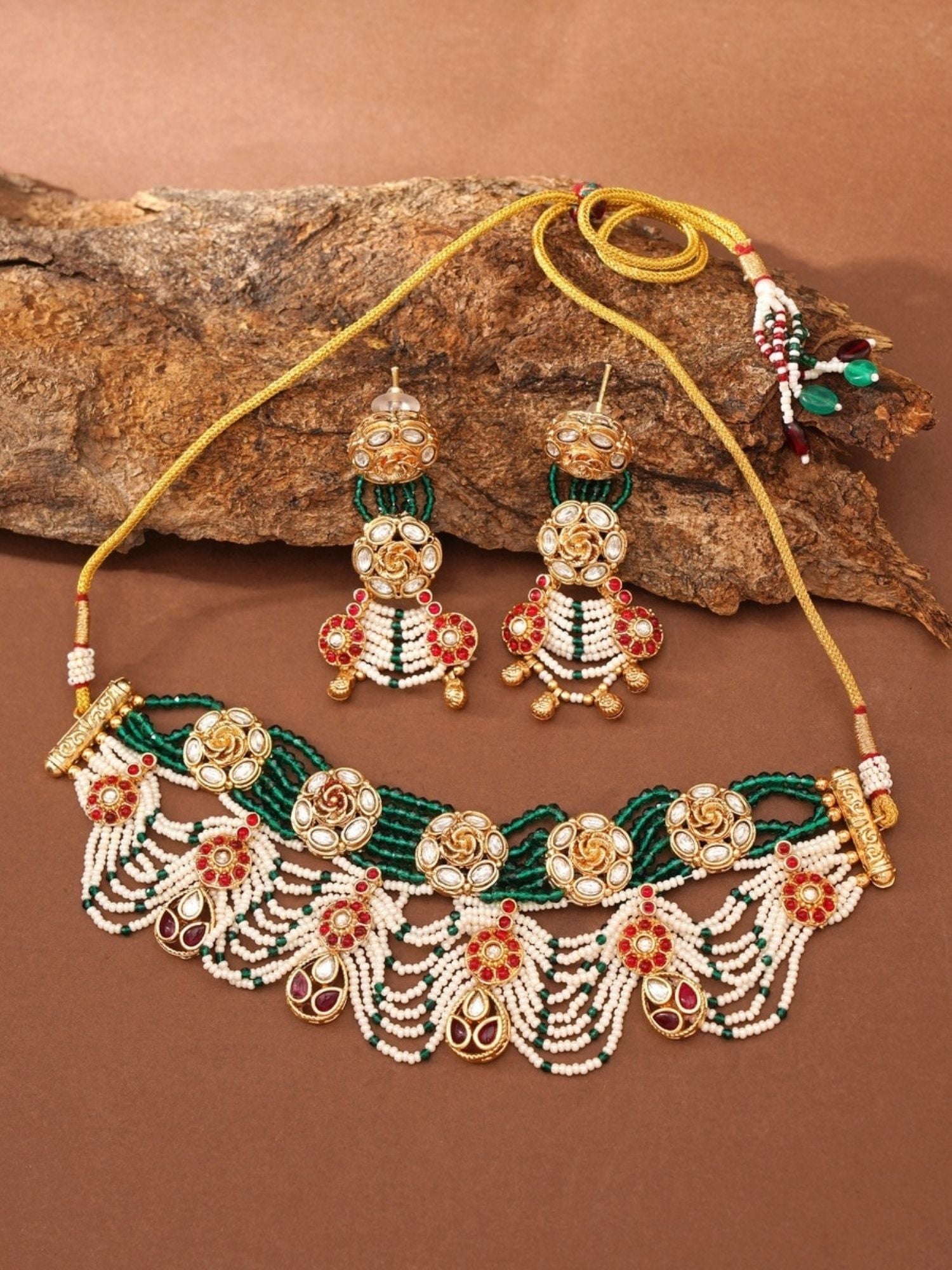 Abdesigns Jewellery Traditional Green Beaded Necklace with gold filigree red and white accents and matching earrings