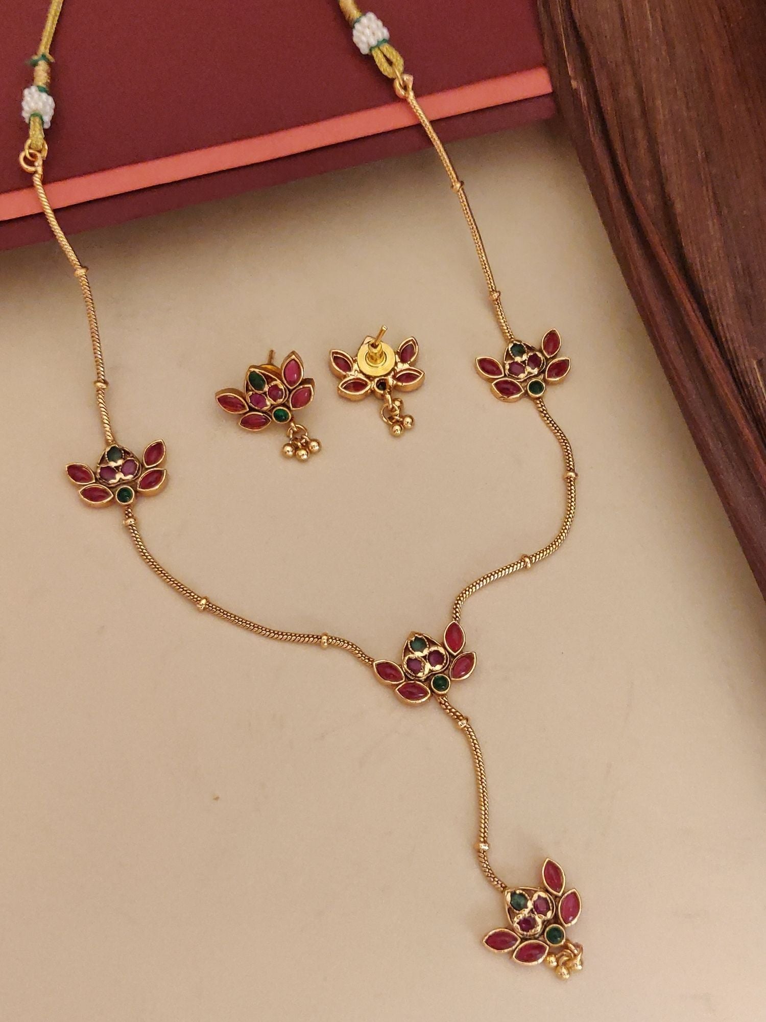 Abdesigns Jewellery Traditional Indian Jewelry for Women Pendant Chain Set gold floral design with red and green stones