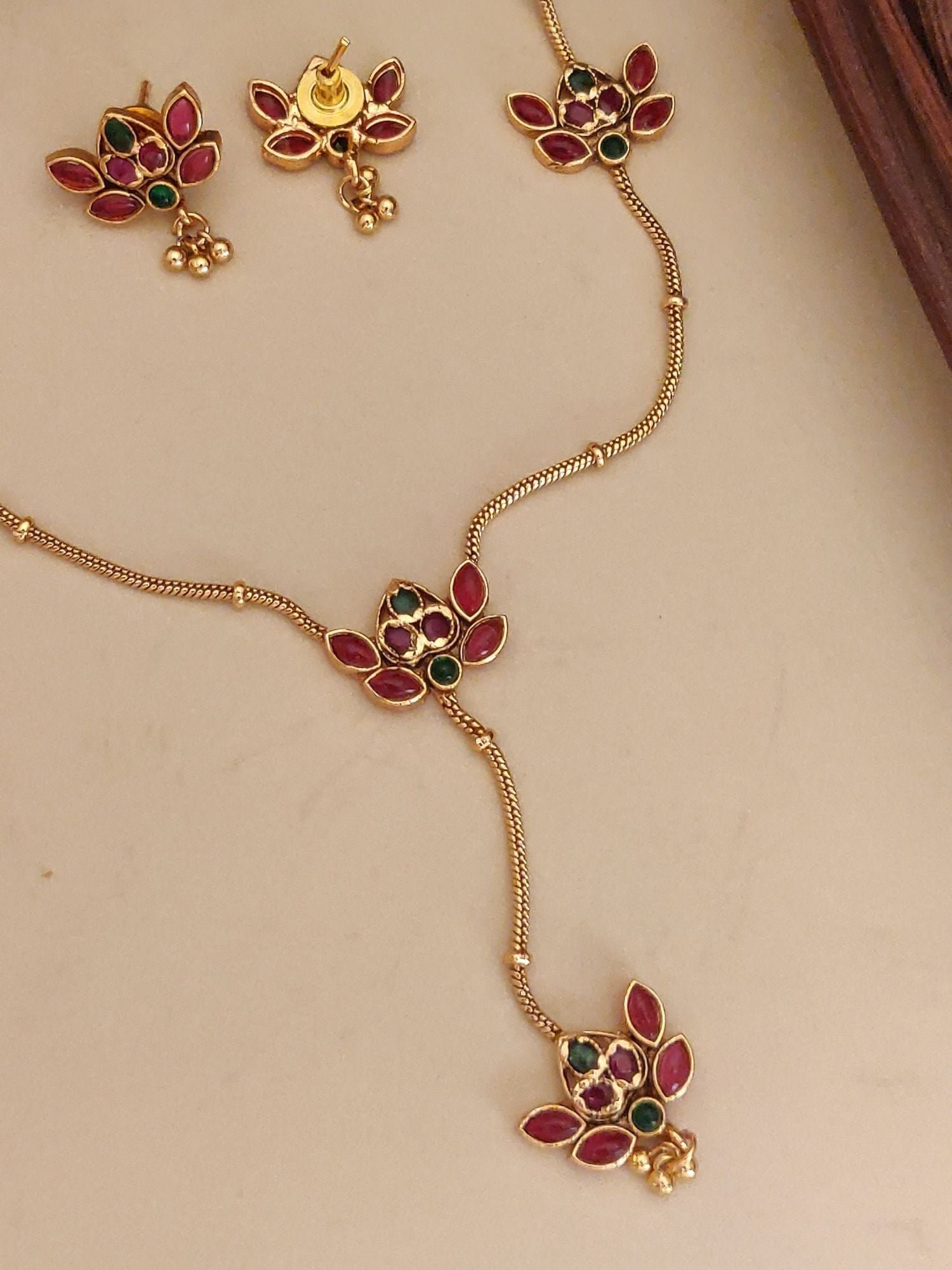 Abdesigns Jewellery Traditional Indian Jewelry for Women Pendant Chain Set gold floral pendant chain with red green stones