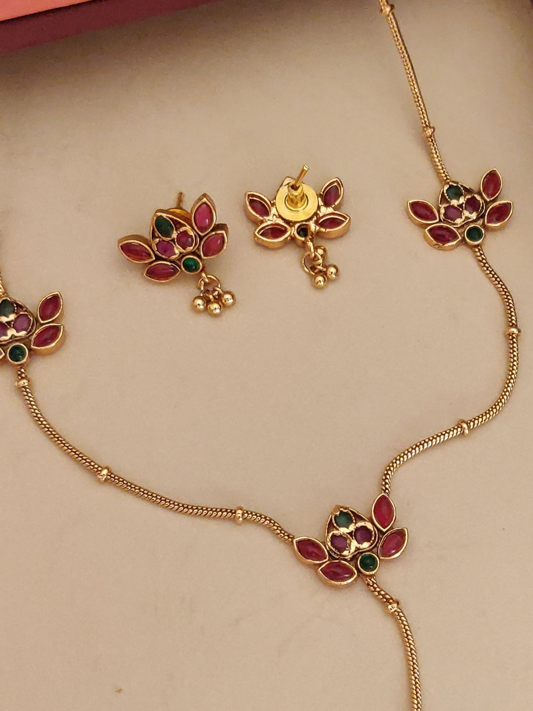 Abdesigns Jewellery Traditional Indian Jewelry for Women Pendant Chain Set gold floral pendant with red green stones