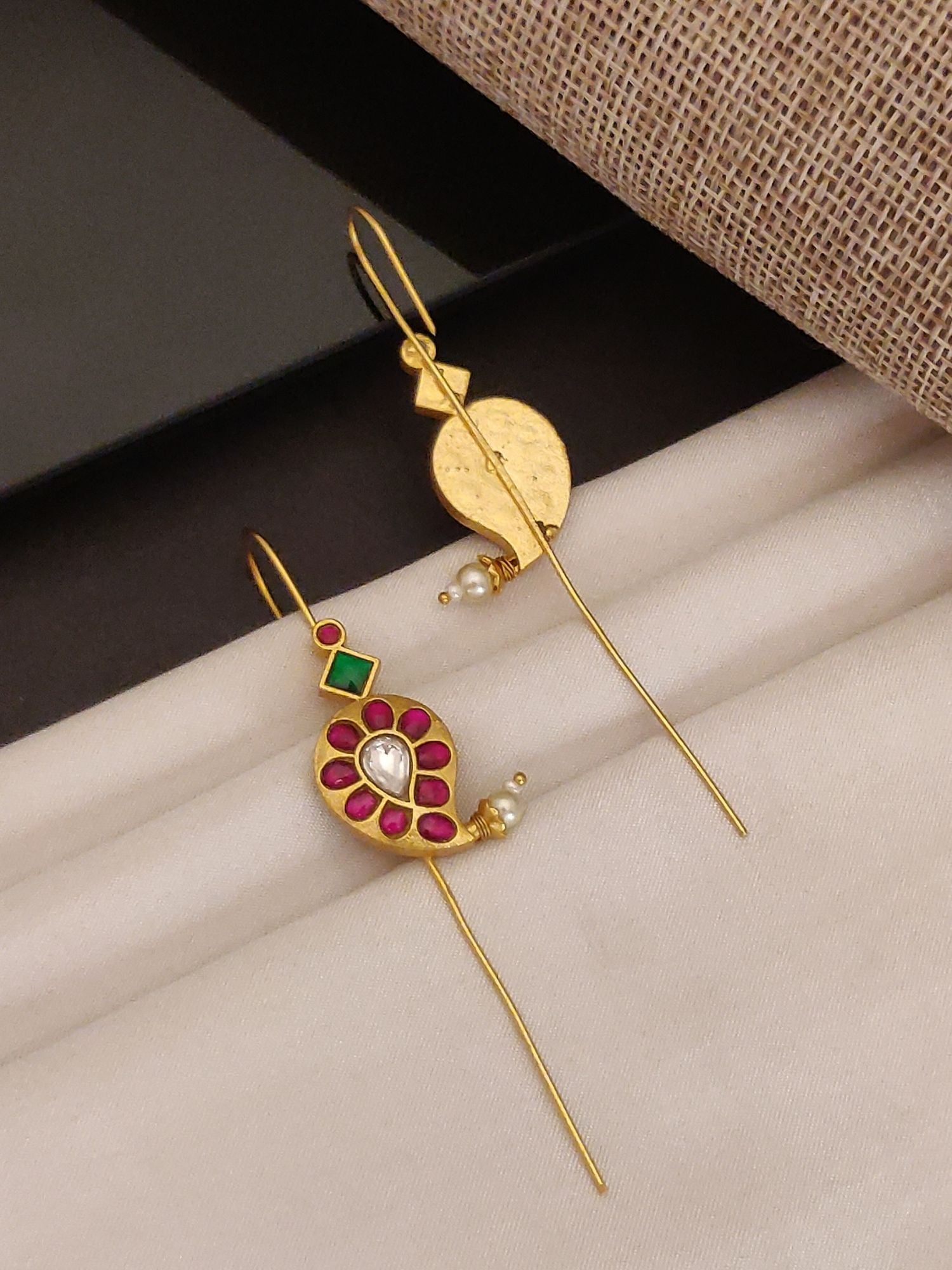 Abdesigns Jewellery Traditional Peacock Bugadi with Stones long gold peacock bugadi earrings with red green stones and pearls