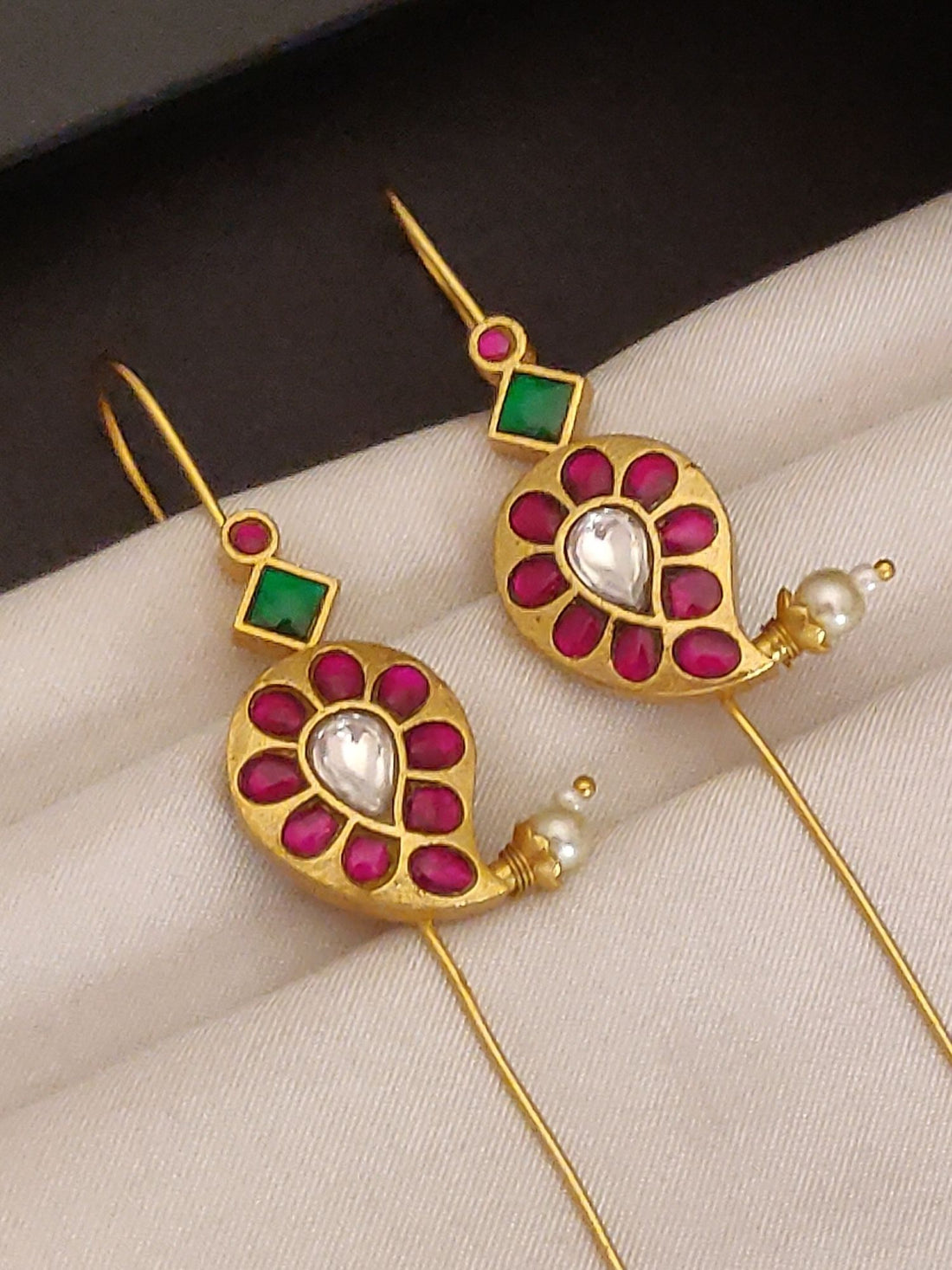 Abdesigns Jewellery Traditional Peacock Bugadi with Stones gold peacock earrings with pink and green stones and pearl dangles