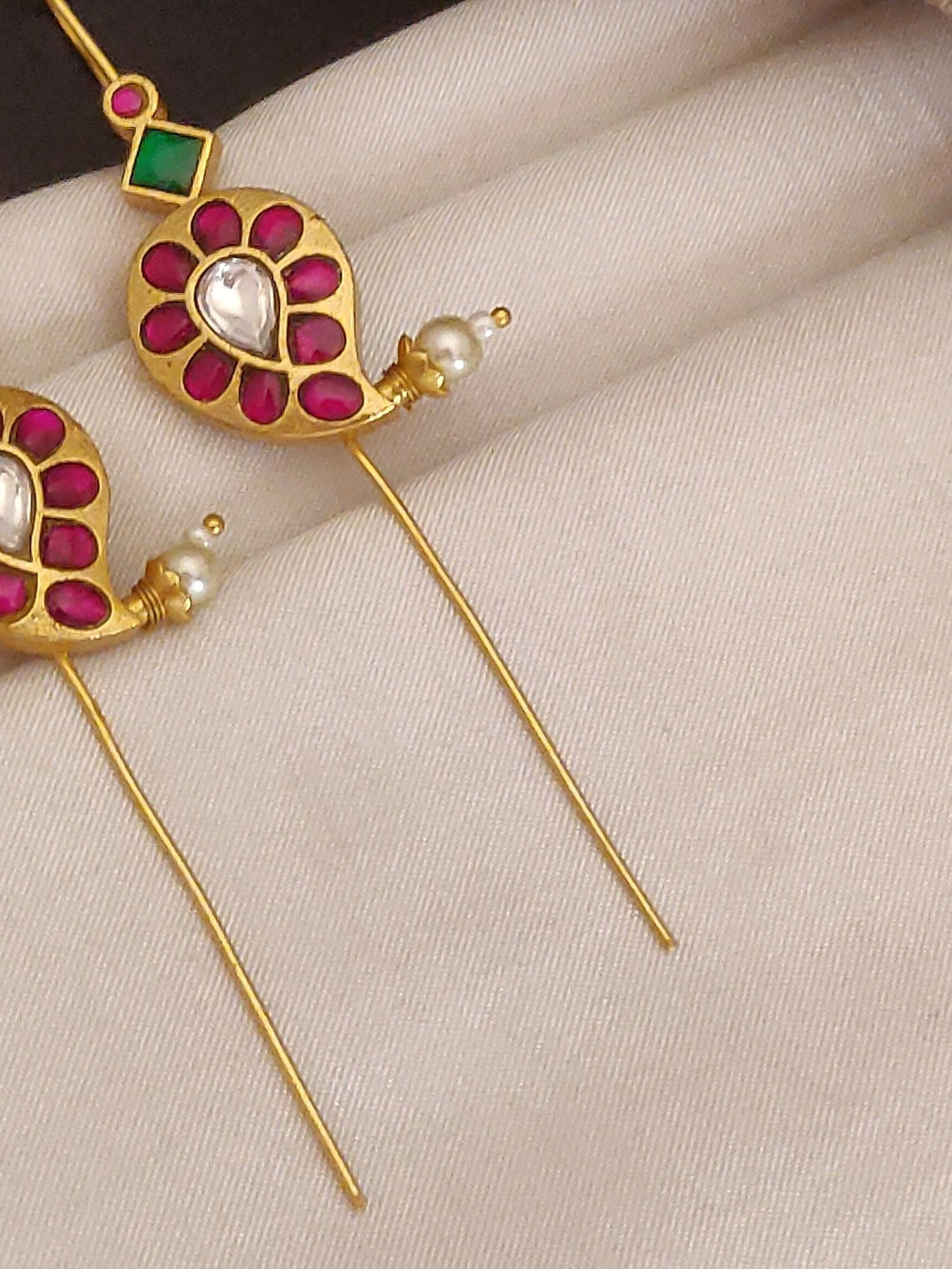 Abdesigns Jewellery Traditional Peacock Bugadi with Stones gold peacock earrings with pink and green stones and pearl dangles