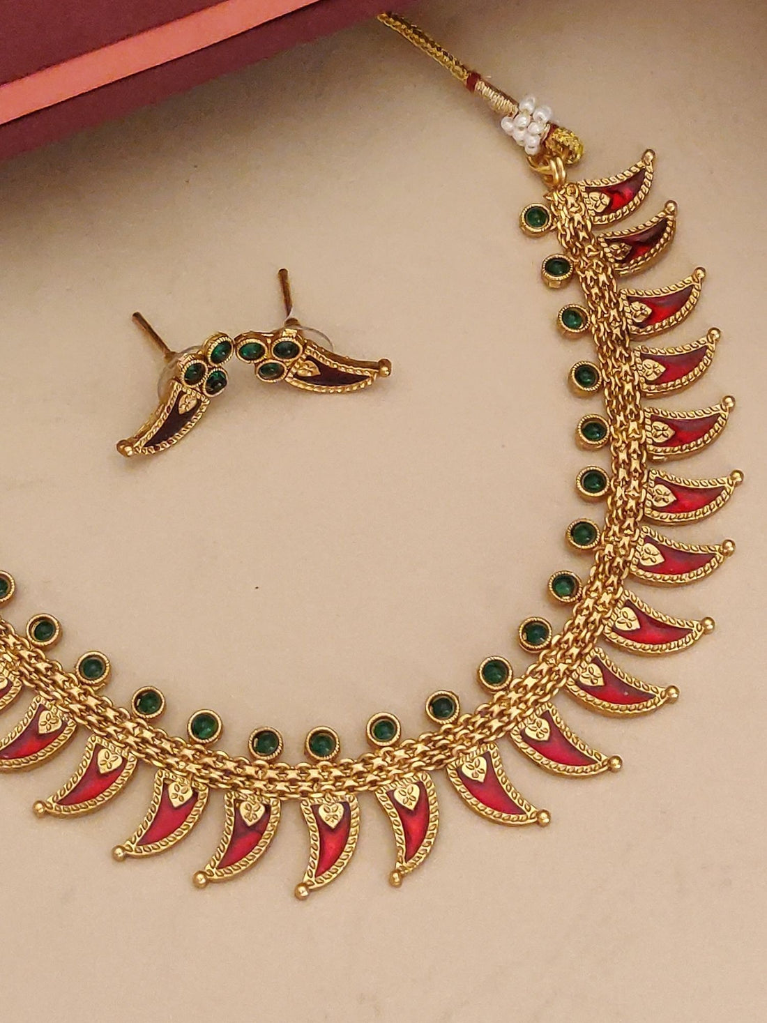 Abdesigns Jewellery Traditional Pendant Chain Set gold tone necklace with red and green enamel accents and matching stud earrings