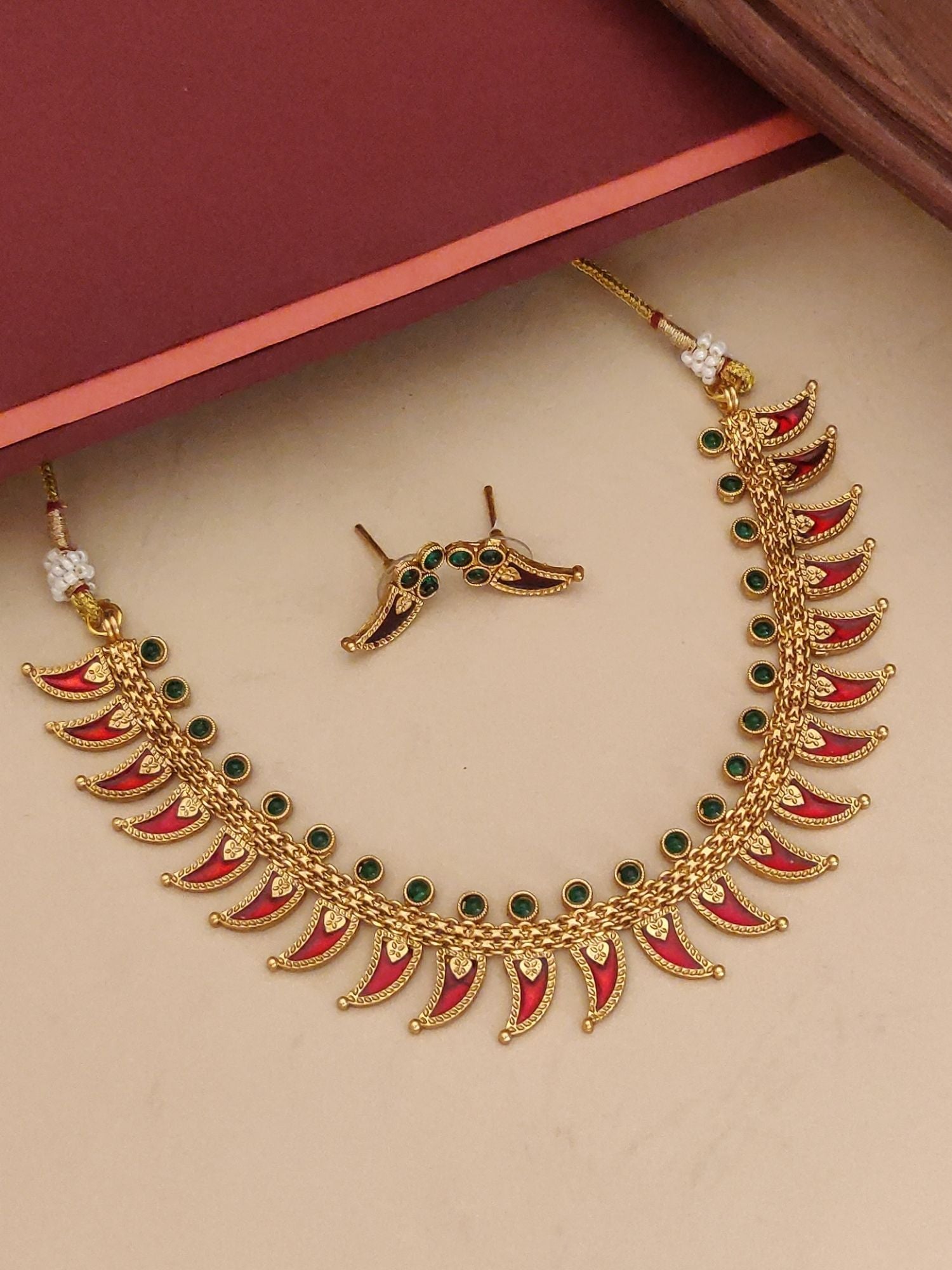 Abdesigns Jewellery Traditional Pendant Chain Set gold tone necklace with red and green enamel and matching earrings