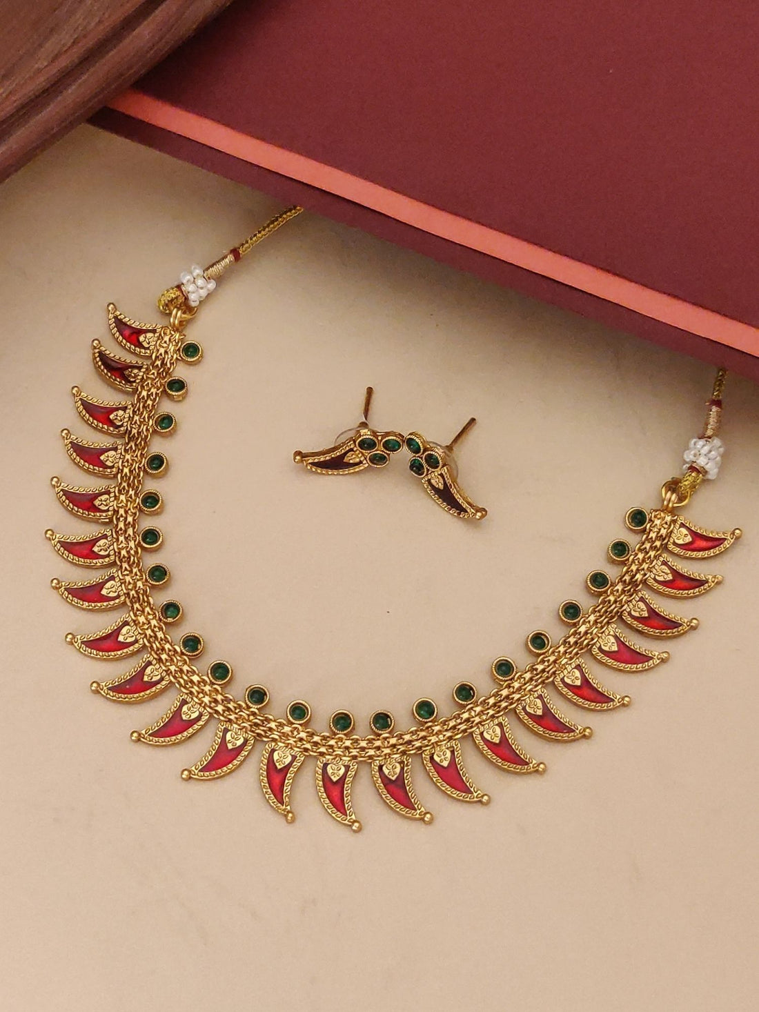 Abdesigns Jewellery Traditional Pendant Chain Set gold tone necklace with red and green enamel accents and matching stud earrings