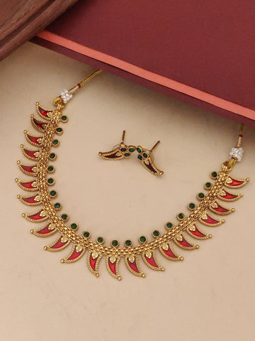 Abdesigns Jewellery Traditional Pendant Chain Set gold tone necklace with red and green enamel accents and matching stud earrings