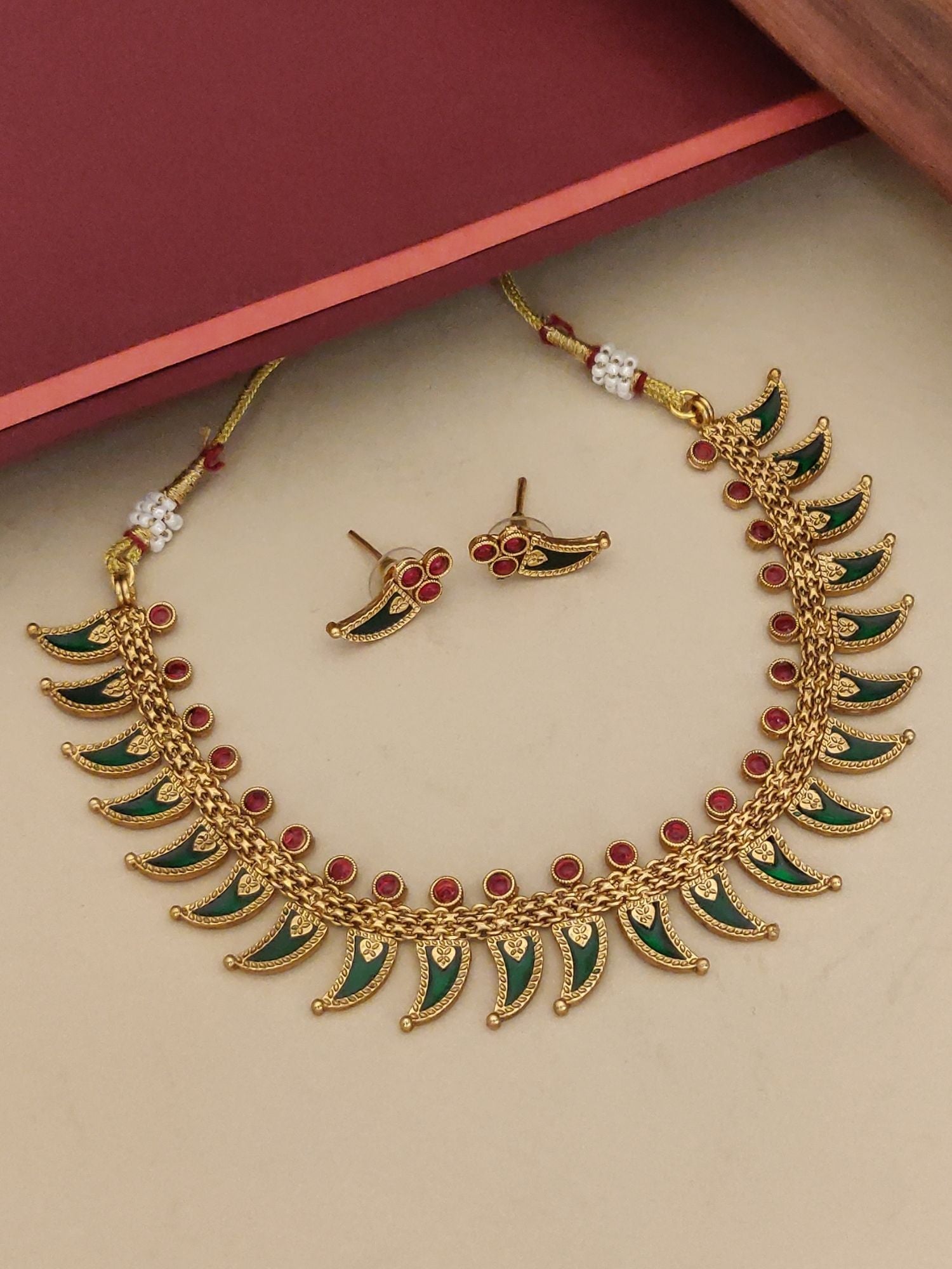 Abdesigns Jewellery Traditional Pendant Chain Set gold green enamel necklace with red stone studs